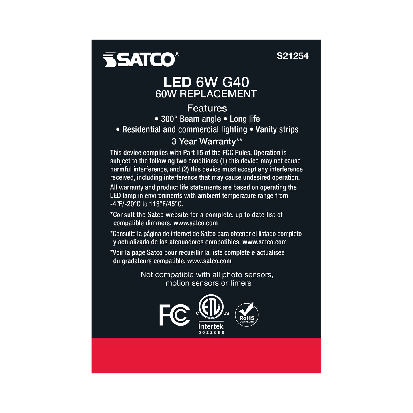 6 Watt G40 LED Filament; Clear; Medium base; 90 CRI; 4000K; 120 Volt