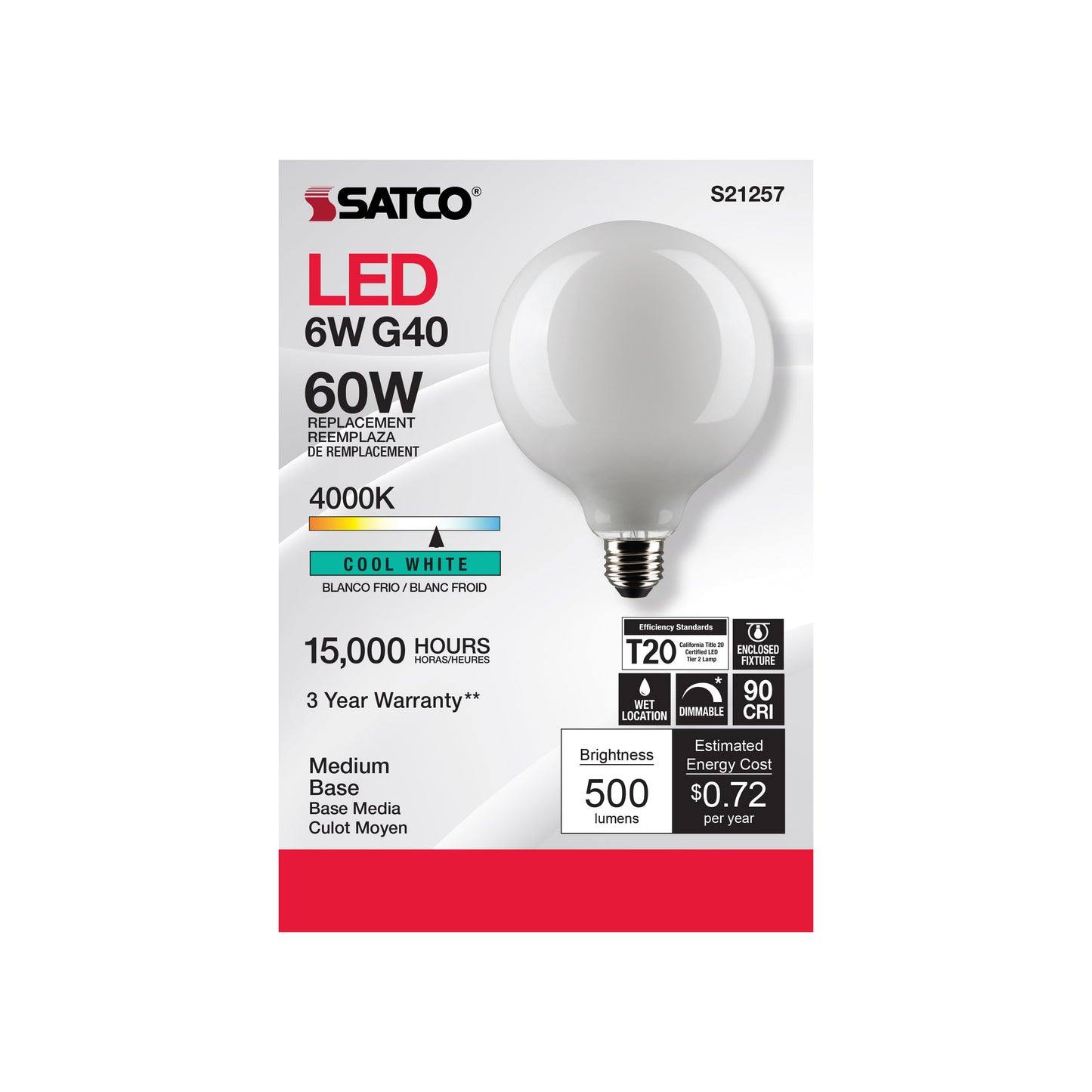 6 Watt G40 LED Filament; White; Medium base; 90 CRI; 4000K; 120 Volt