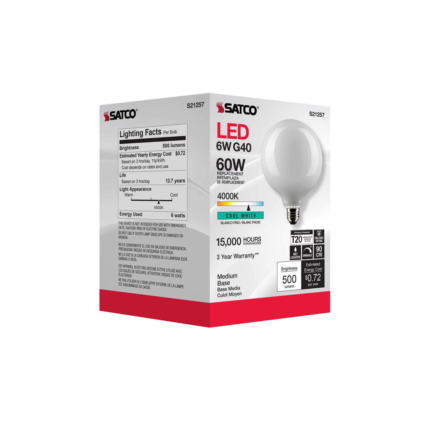 6 Watt G40 LED Filament; White; Medium base; 90 CRI; 4000K; 120 Volt