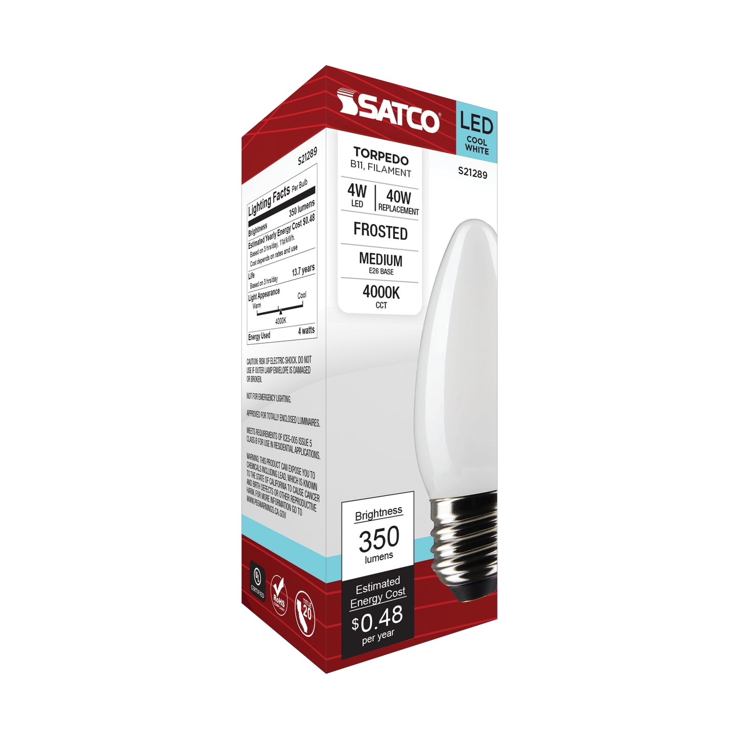 4 Watt B11 LED Filament; Frost; Medium base; 90 CRI; 4000K; 120 Volt
