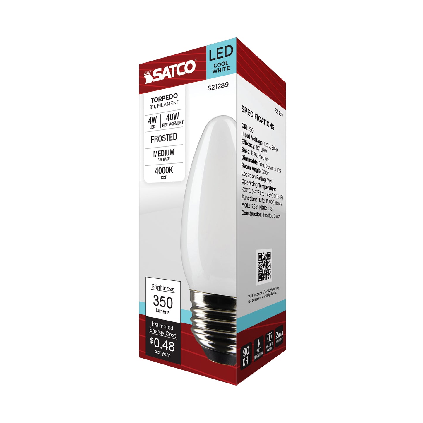 4 Watt B11 LED Filament; Frost; Medium base; 90 CRI; 4000K; 120 Volt