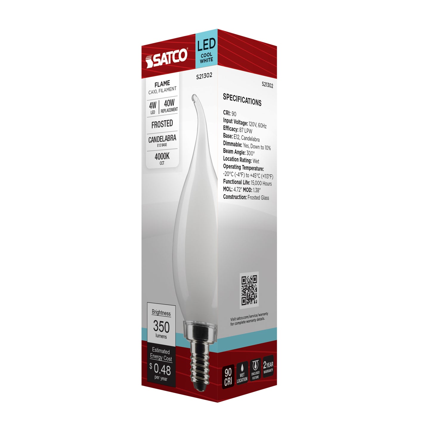 4 Watt CA10 LED Filament; Frost; Candelabra base; 90 CRI; 4000K; 120 Volt
