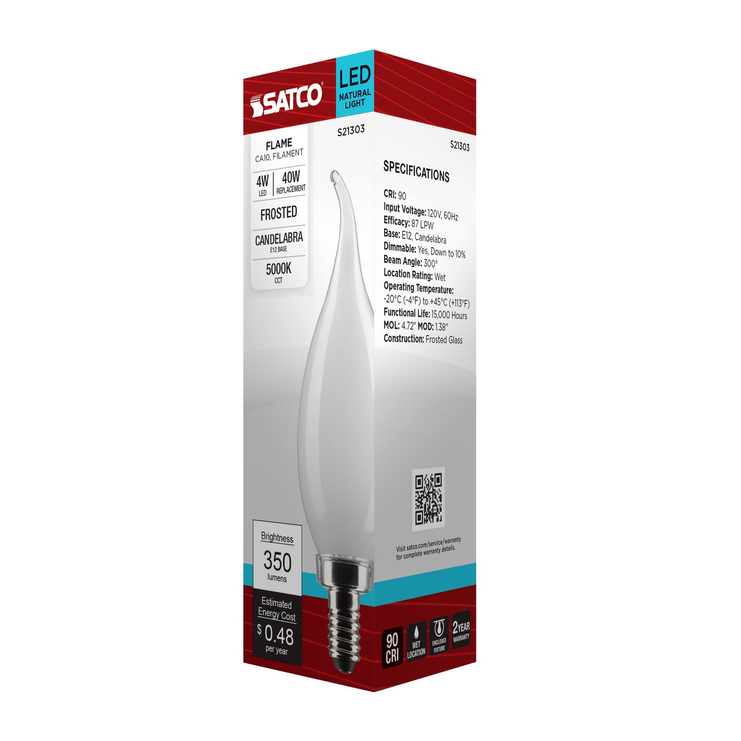 4 Watt CA10 LED Filament; Frost; Candelabra base; 90 CRI; 5000K; 120 Volt