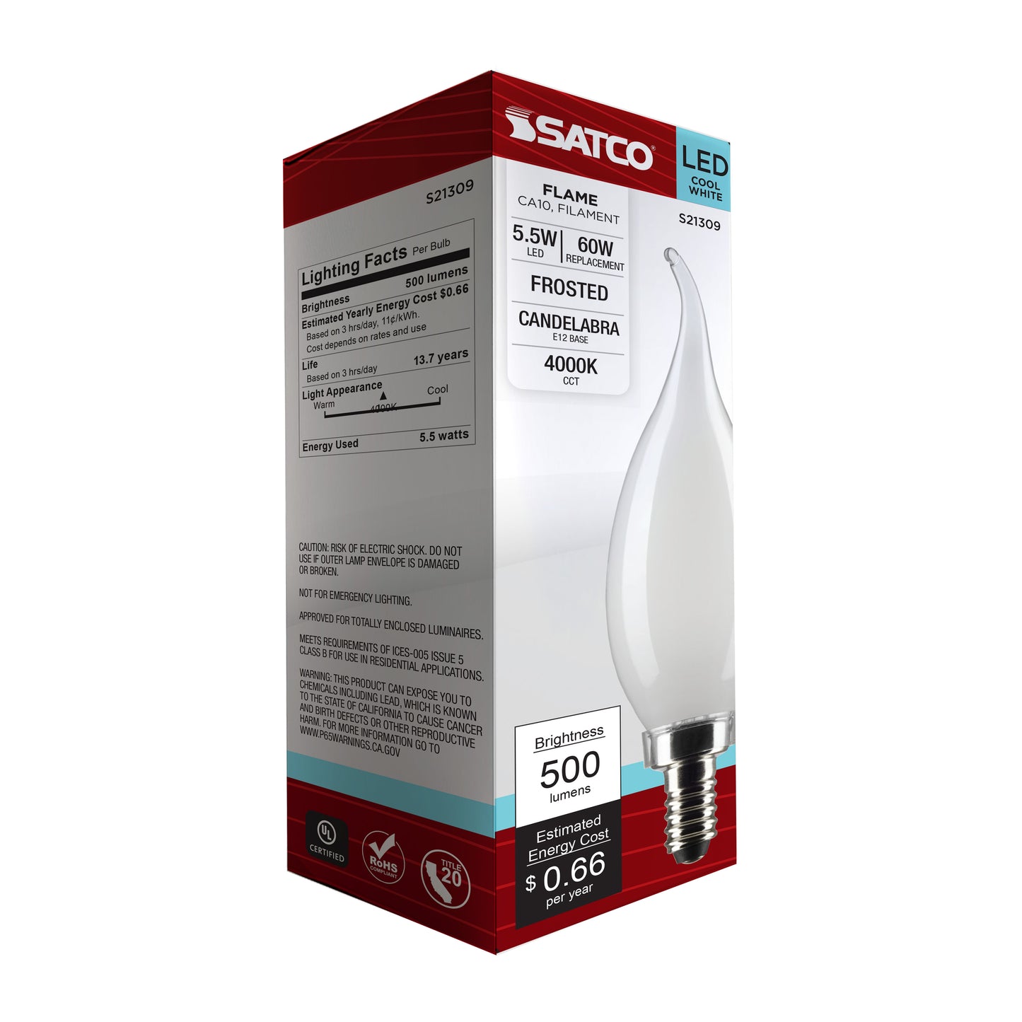 5.5 Watt CA10 LED Filament; Frost; Candelabra base; 90 CRI; 4000K; 120 Volt