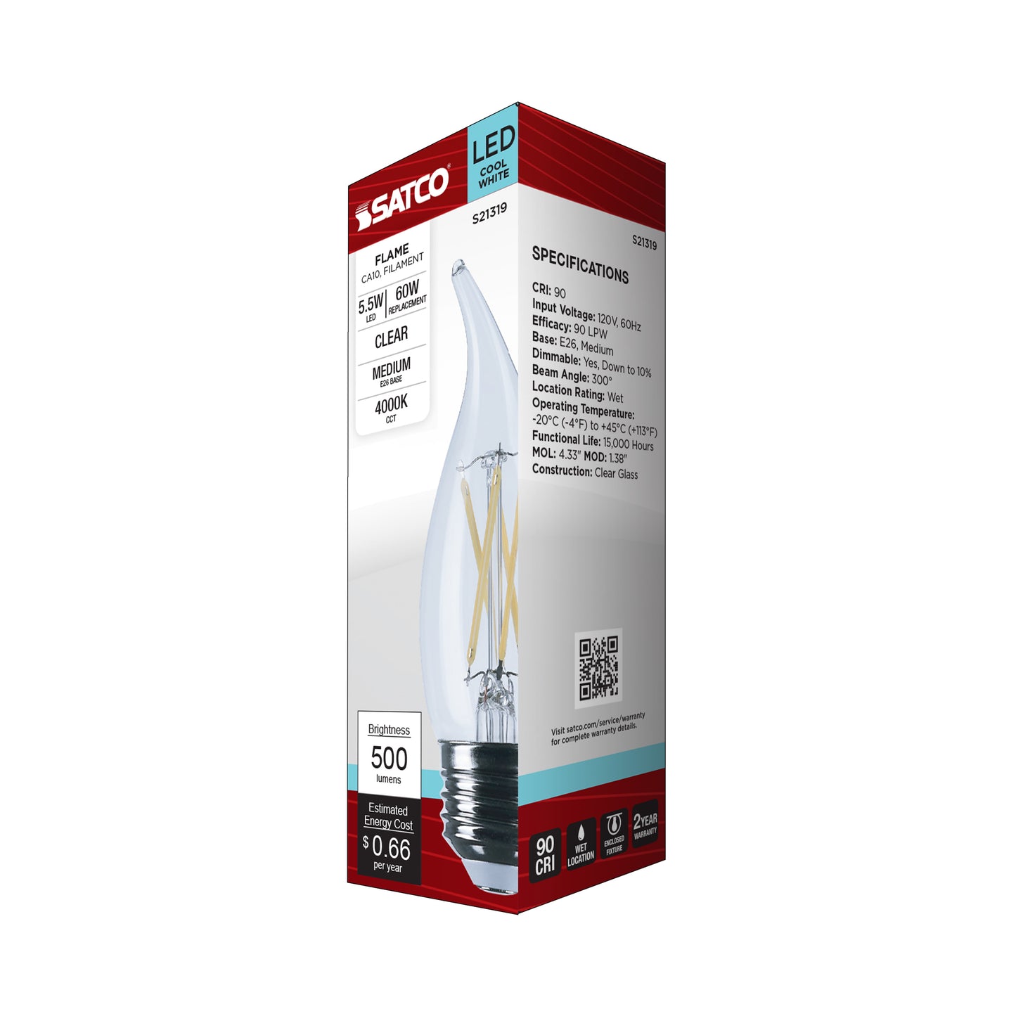 5.5 Watt CA10 LED Filament; Clear; Medium base; 90 CRI; 4000K; 120 Volt