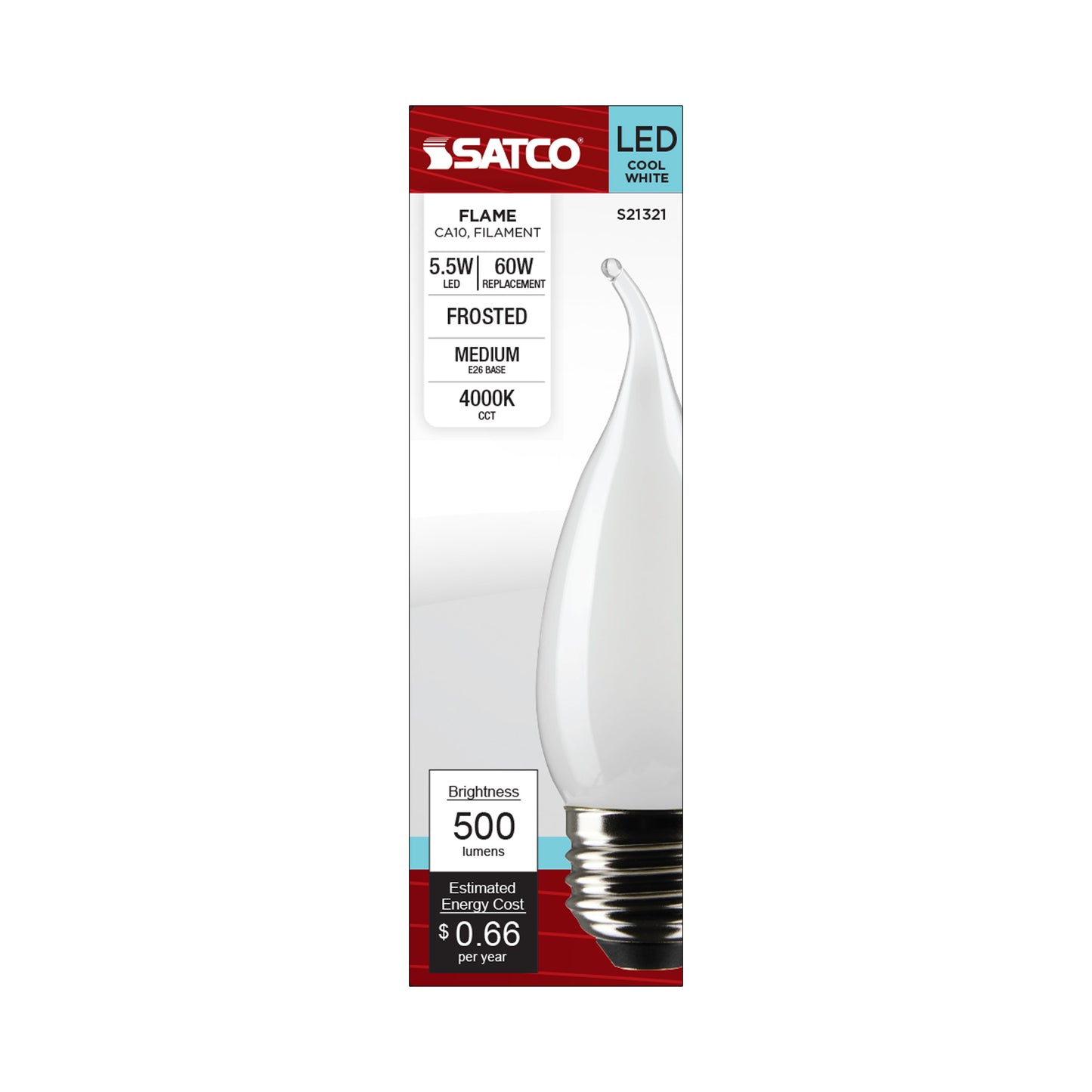 5.5 Watt CA10 LED Filament; Frost; Medium base; 90 CRI; 4000K; 120 Volt