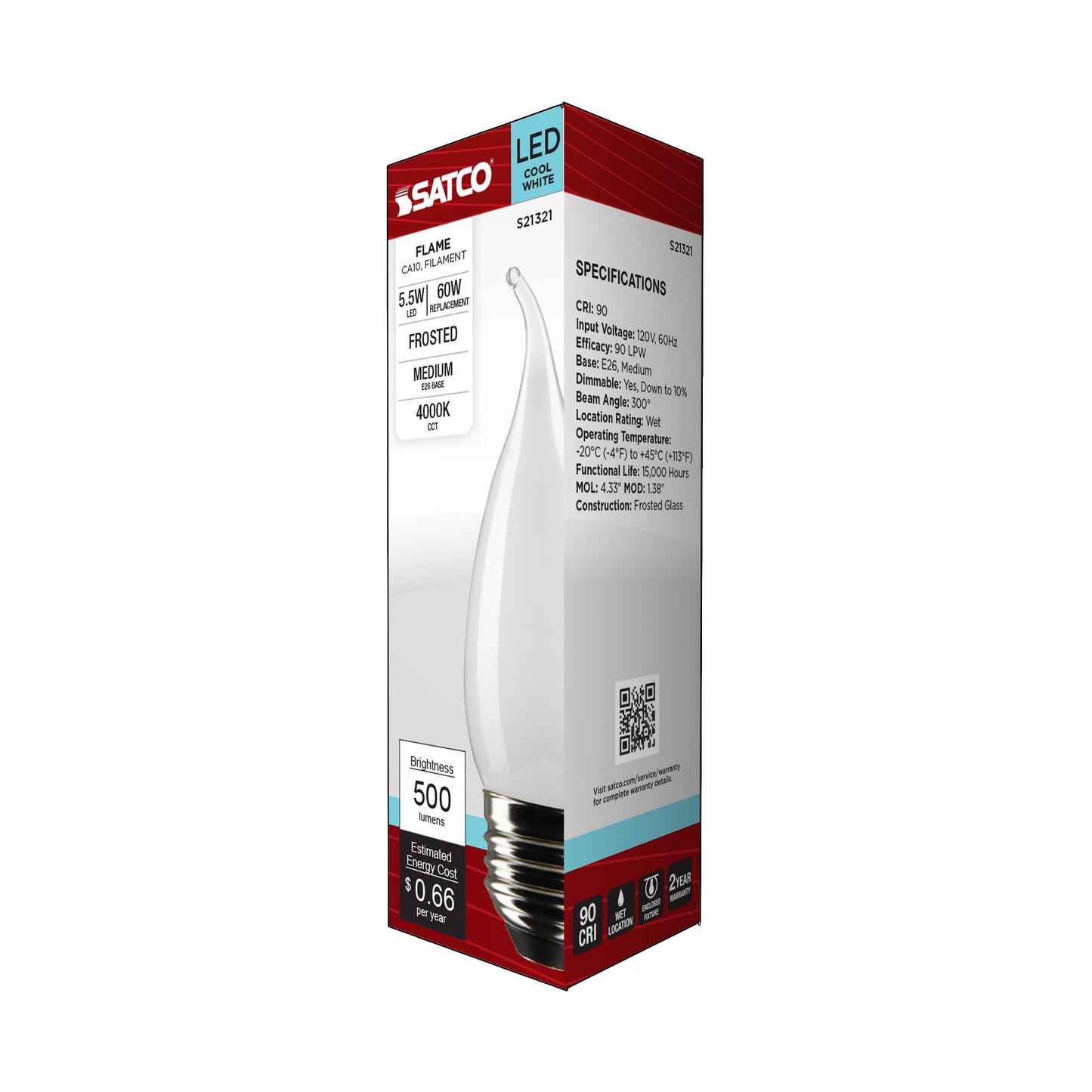 5.5 Watt CA10 LED Filament; Frost; Medium base; 90 CRI; 4000K; 120 Volt