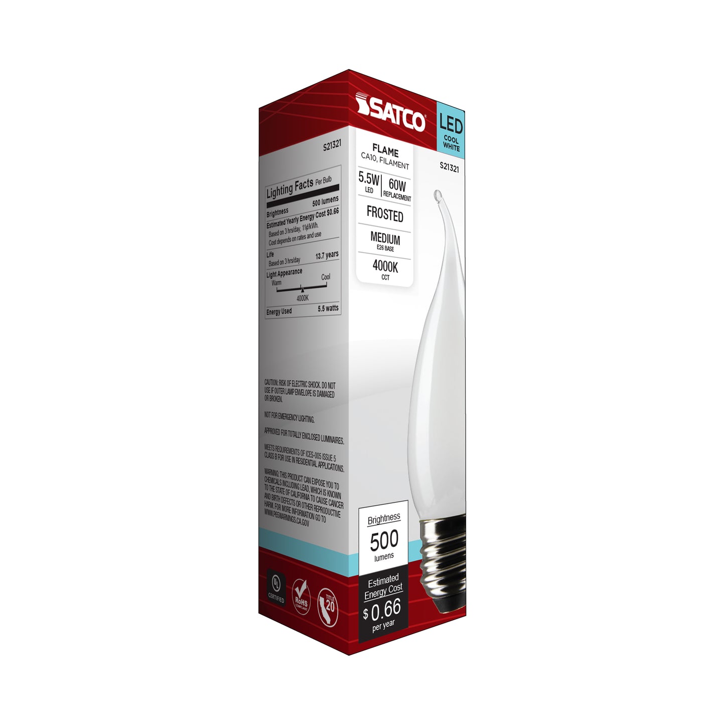 5.5 Watt CA10 LED Filament; Frost; Medium base; 90 CRI; 4000K; 120 Volt