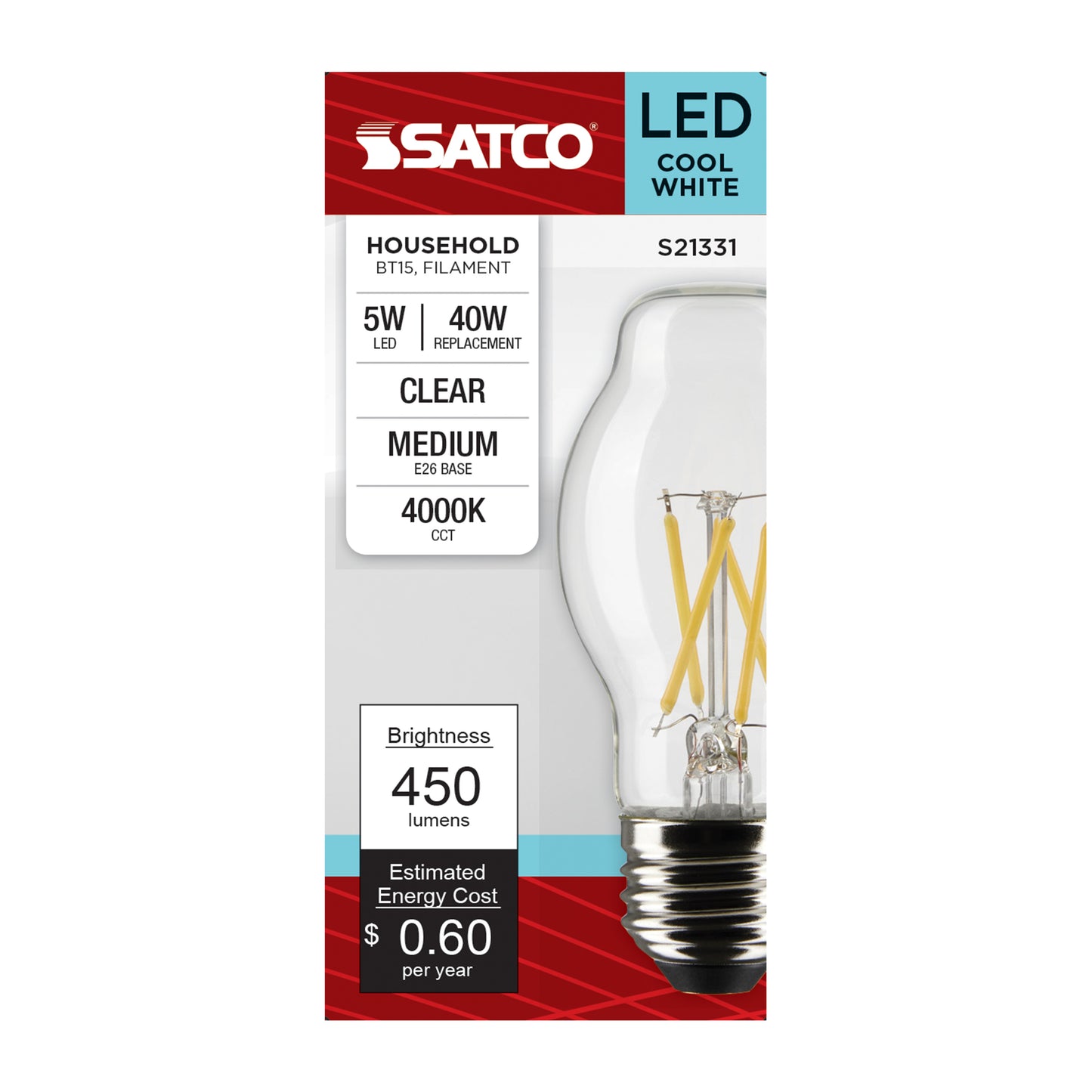 5 Watt BT15 LED Filament; Clear; Medium base; 90 CRI; 4000K; 120 Volt