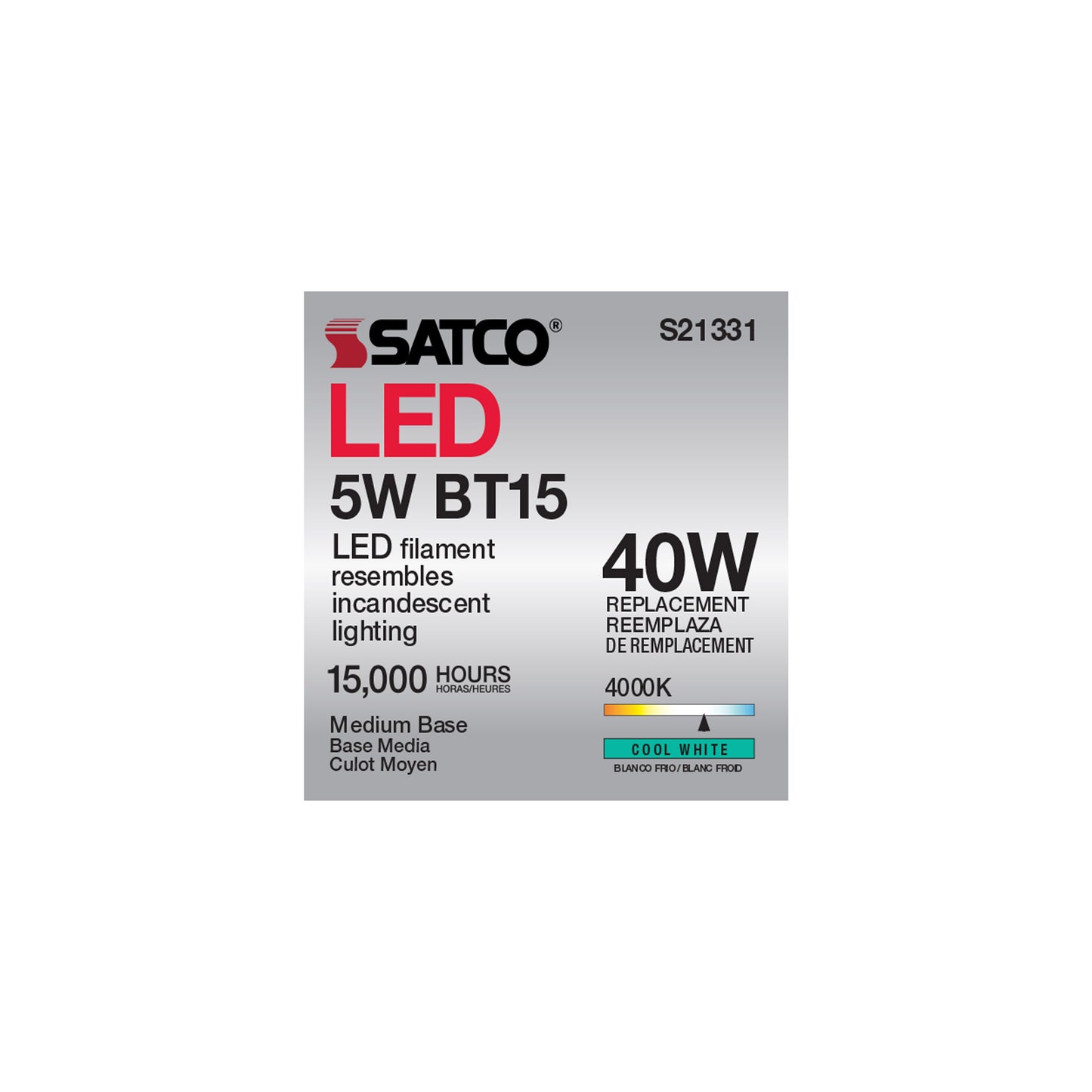 5 Watt BT15 LED Filament; Clear; Medium base; 90 CRI; 4000K; 120 Volt