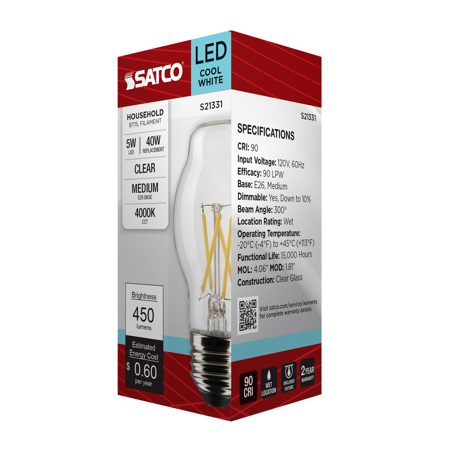 5 Watt BT15 LED Filament; Clear; Medium base; 90 CRI; 4000K; 120 Volt