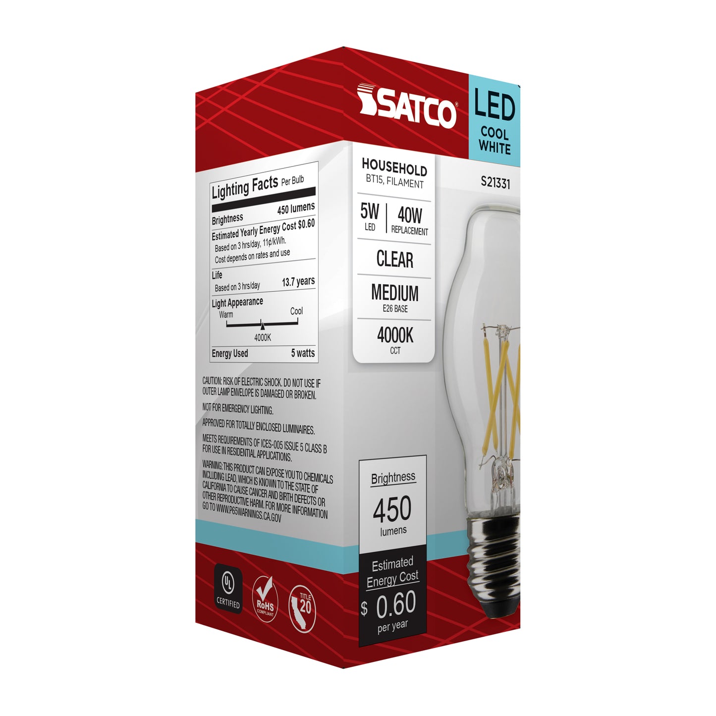 5 Watt BT15 LED Filament; Clear; Medium base; 90 CRI; 4000K; 120 Volt