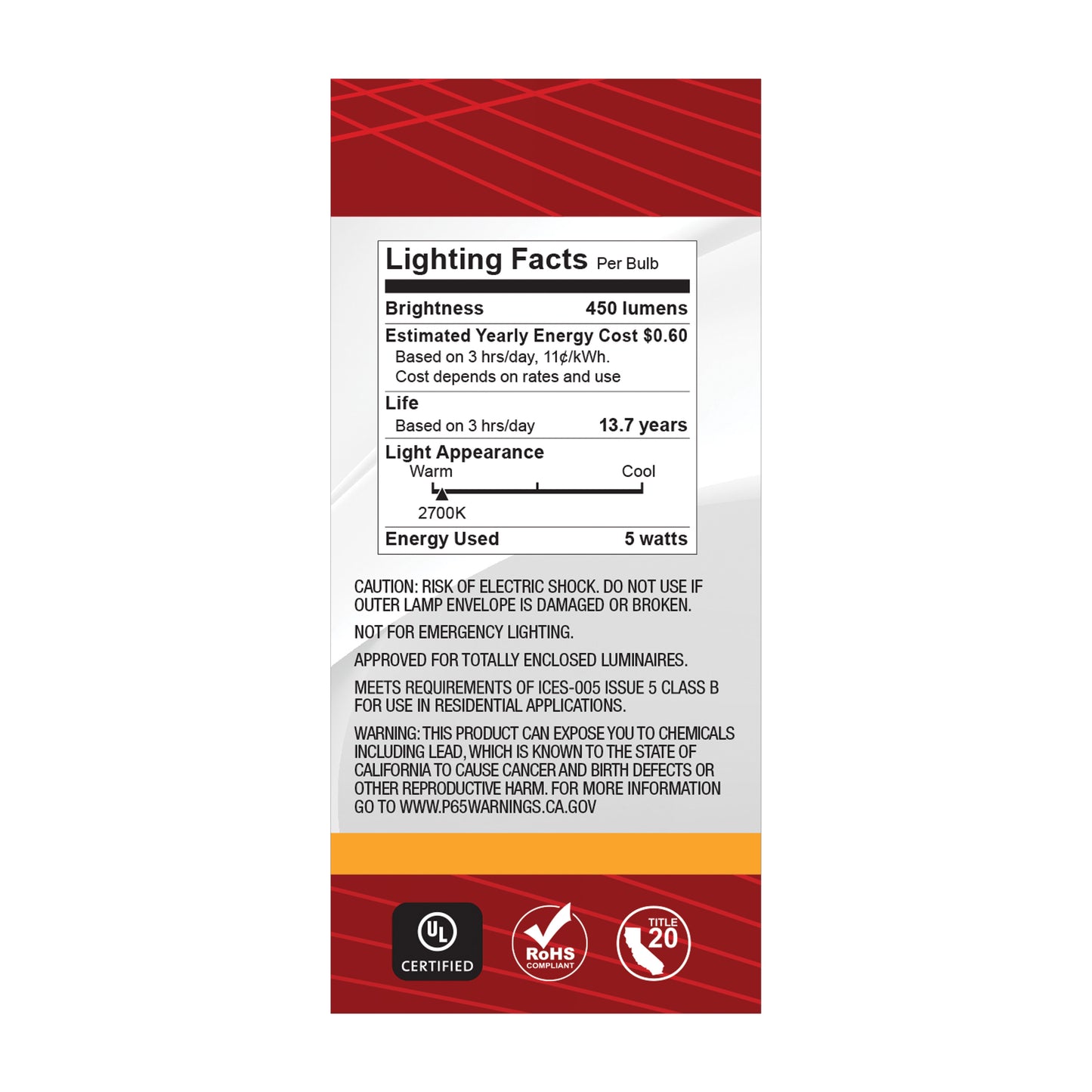 5 Watt BT15 LED Filament; White; Medium base; 90 CRI; 2700K; 120 Volt
