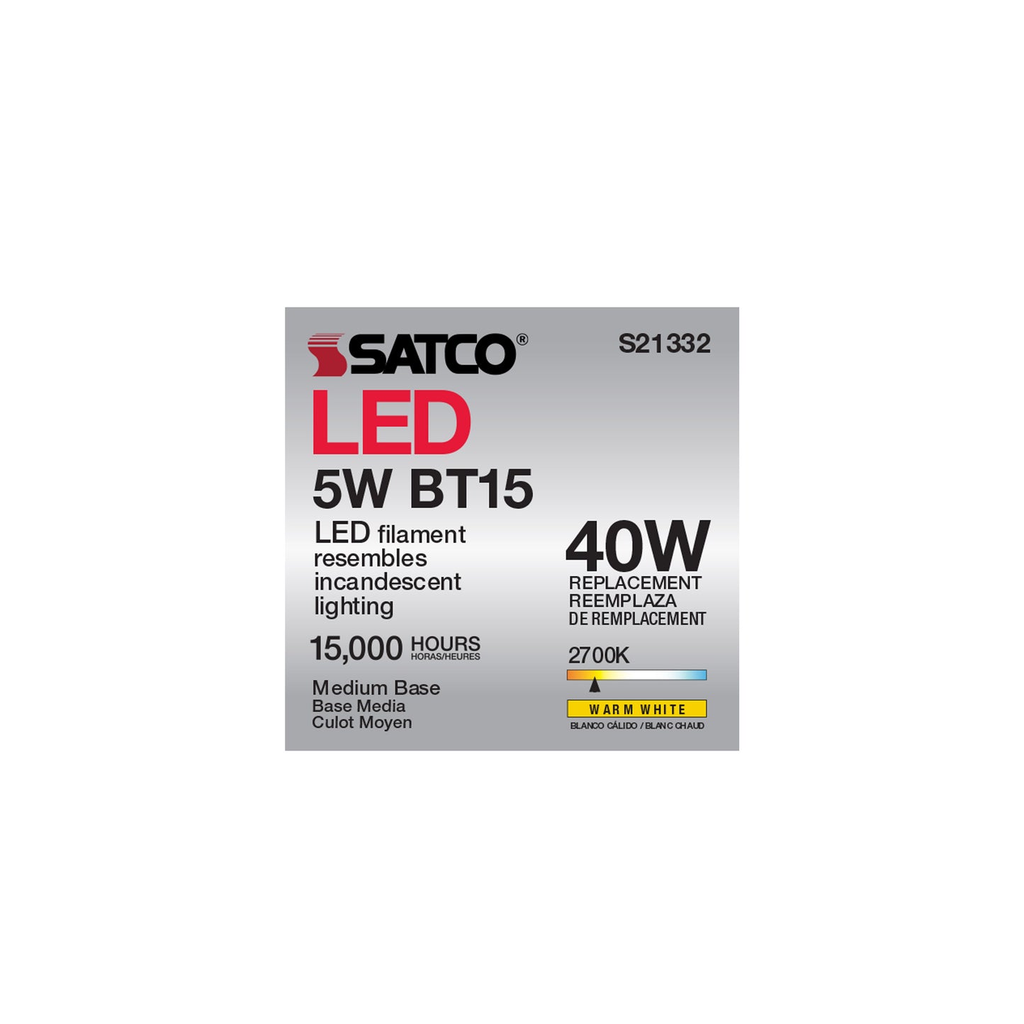 5 Watt BT15 LED Filament; White; Medium base; 90 CRI; 2700K; 120 Volt
