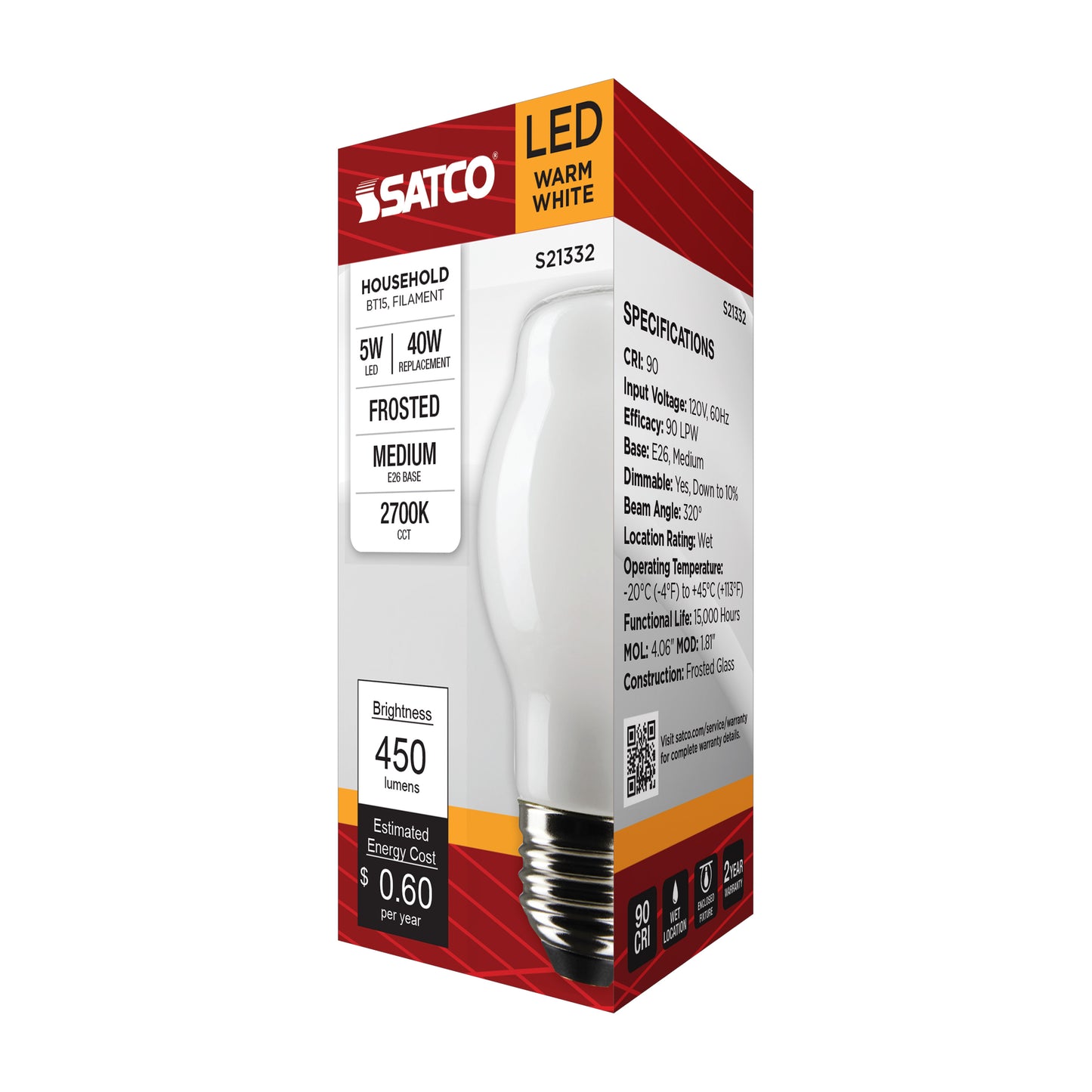 5 Watt BT15 LED Filament; White; Medium base; 90 CRI; 2700K; 120 Volt