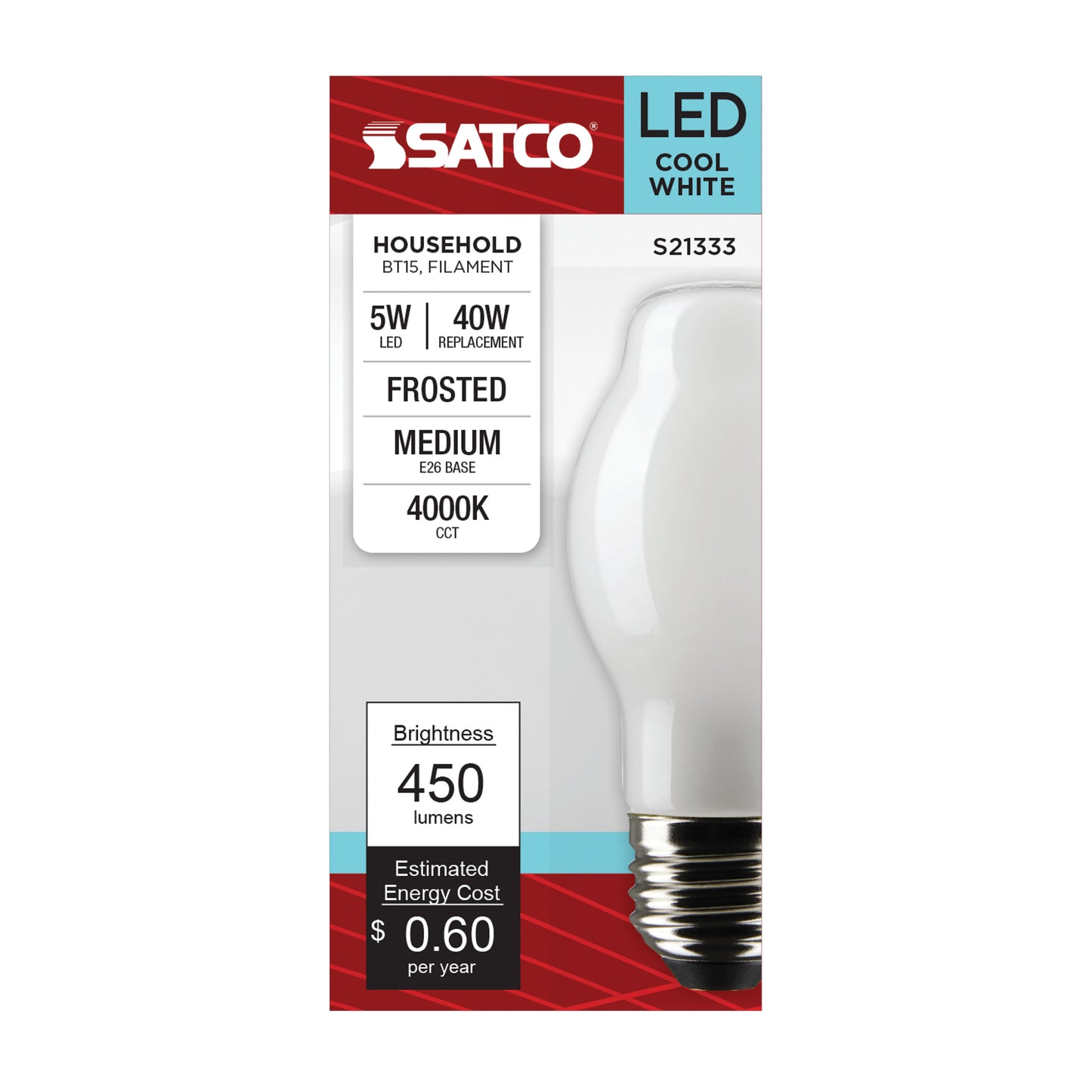 5 Watt BT15 LED Filament; White; Medium base; 90 CRI; 4000K; 120 Volt