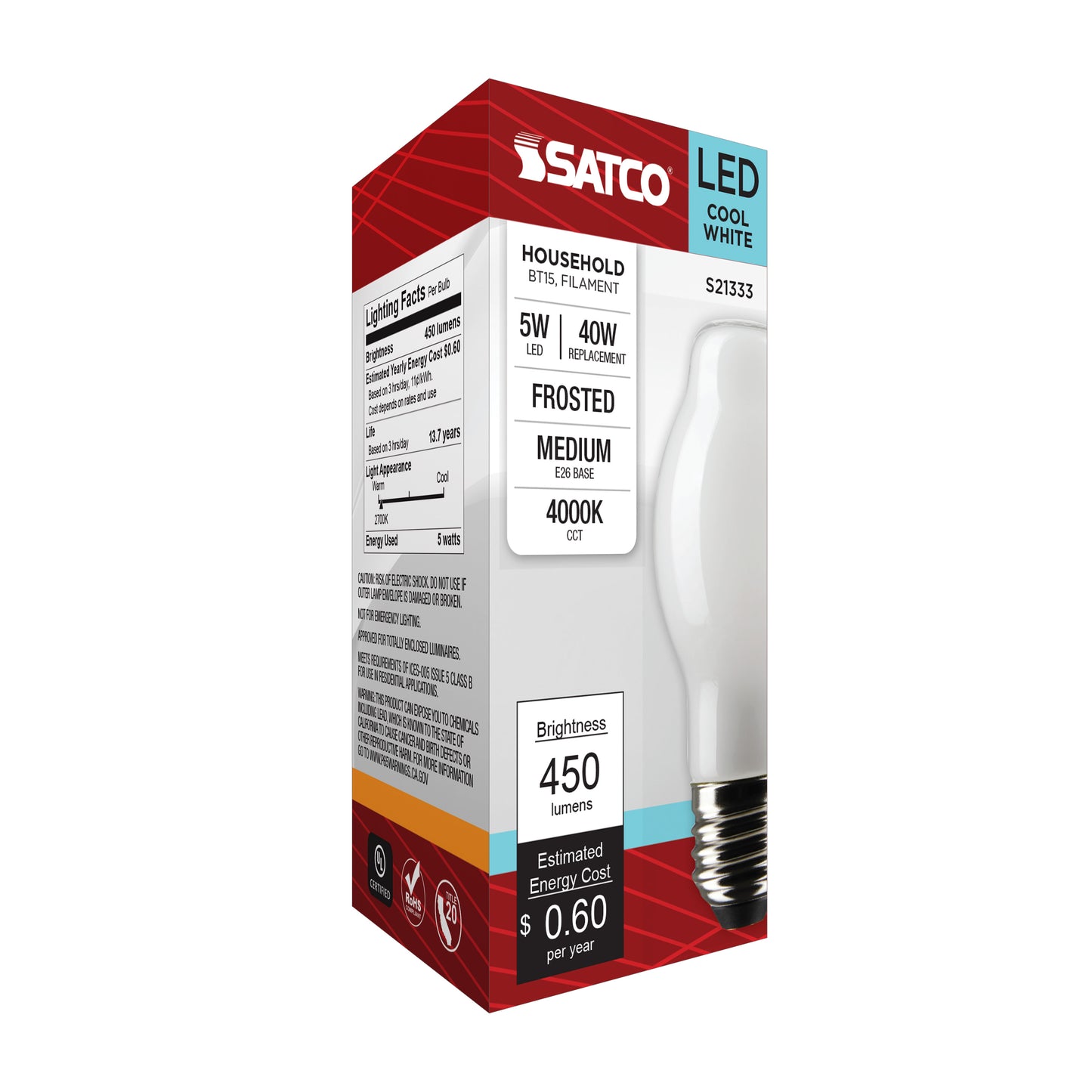 5 Watt BT15 LED Filament; White; Medium base; 90 CRI; 4000K; 120 Volt