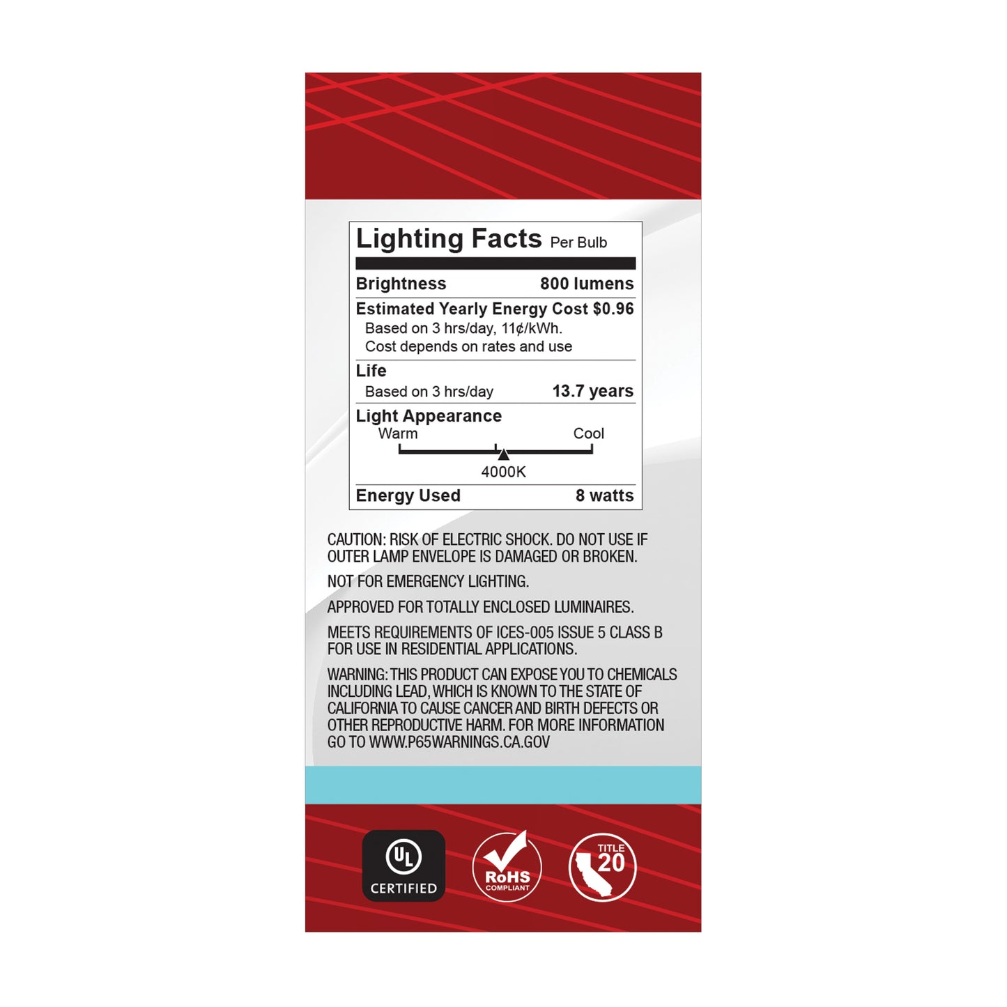 8 Watt BT15 LED Filament; Clear; Medium base; 90 CRI; 4000K; 120 Volt