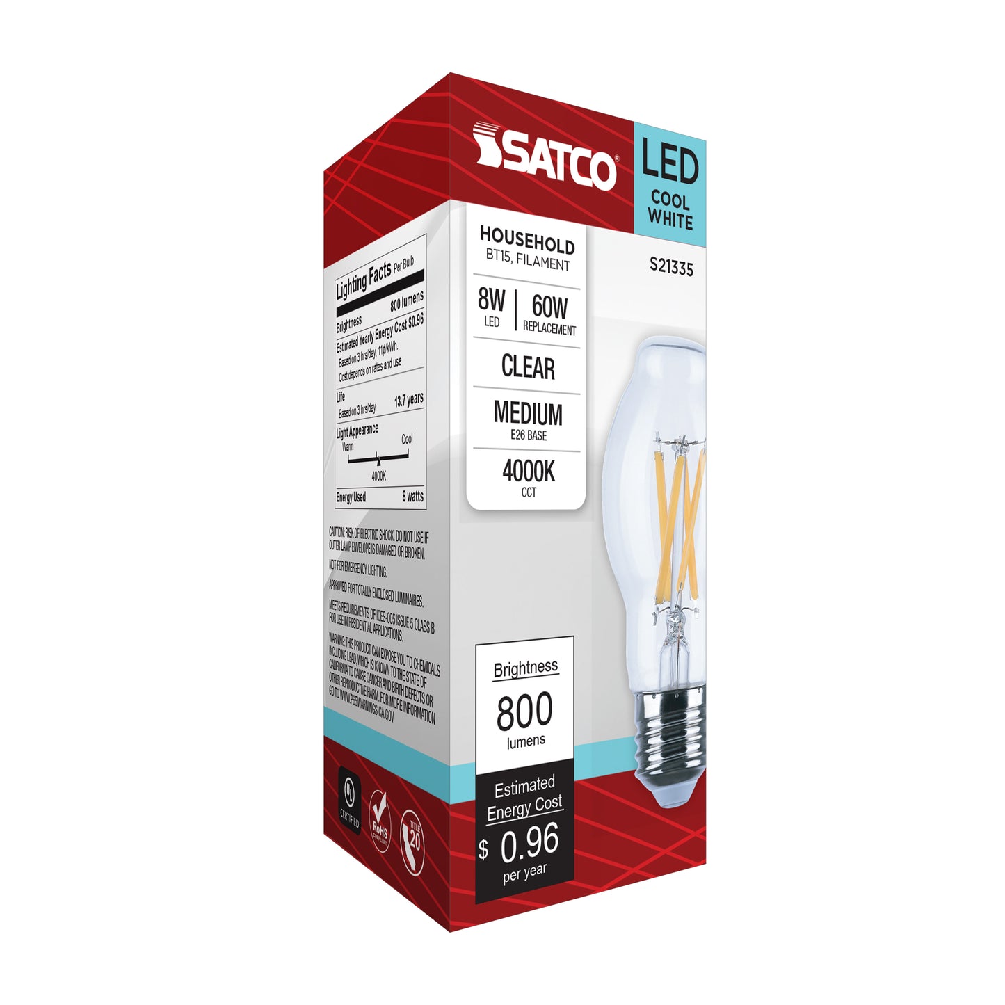 8 Watt BT15 LED Filament; Clear; Medium base; 90 CRI; 4000K; 120 Volt