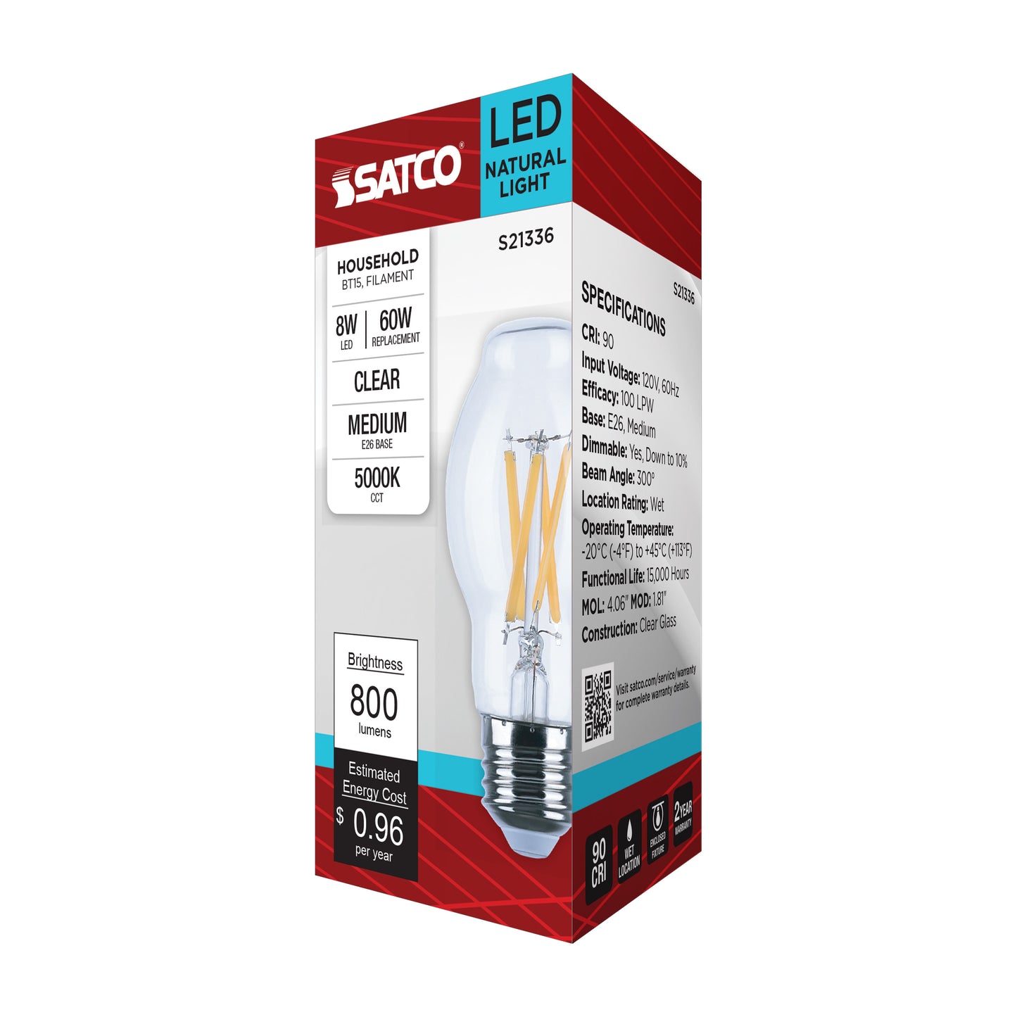 8 Watt BT15 LED Filament; Clear; Medium base; 90 CRI; 5000K; 120 Volt
