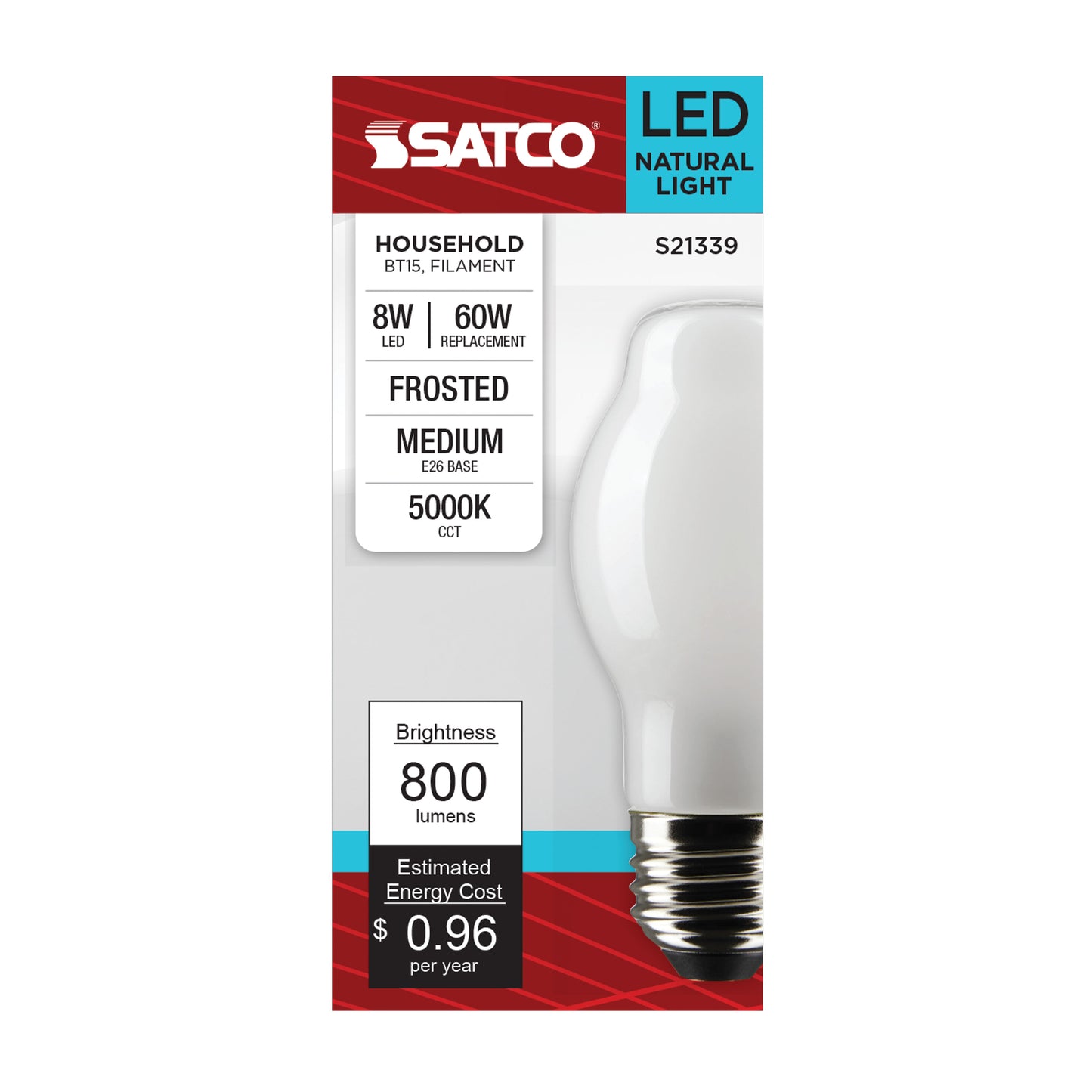 8 Watt BT15 LED Filament; White; Medium base; 90 CRI; 5000K; 120 Volt