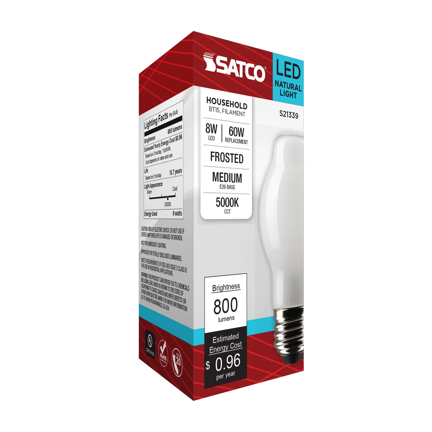 8 Watt BT15 LED Filament; White; Medium base; 90 CRI; 5000K; 120 Volt