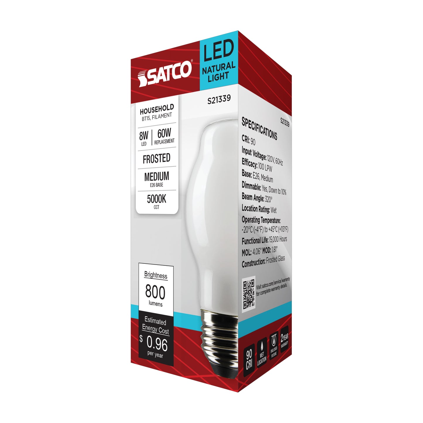 8 Watt BT15 LED Filament; White; Medium base; 90 CRI; 5000K; 120 Volt
