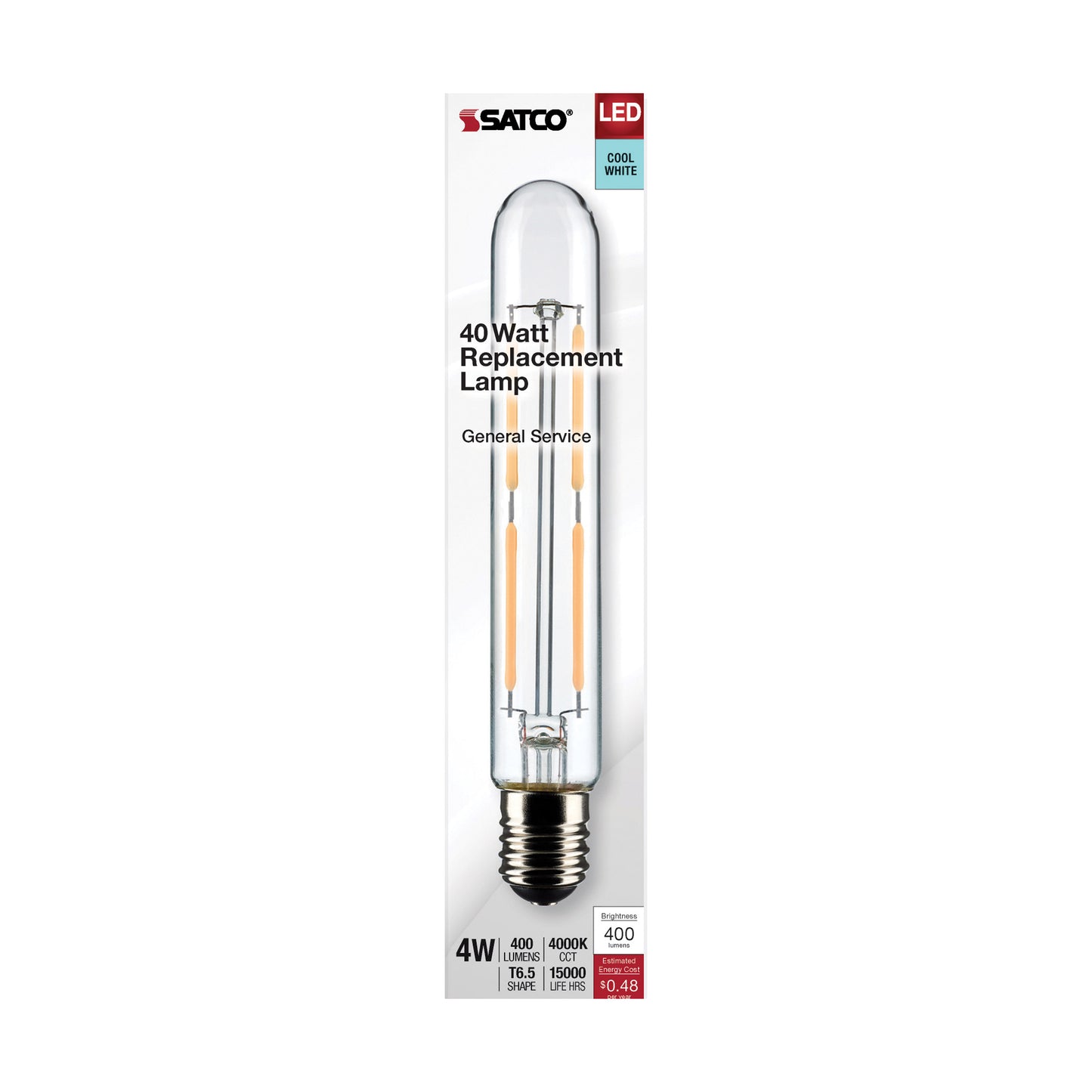 4 Watt T6.5 LED Filament; Clear; Intermediate Base; 4000K; 400 Lumens; 120 Volt