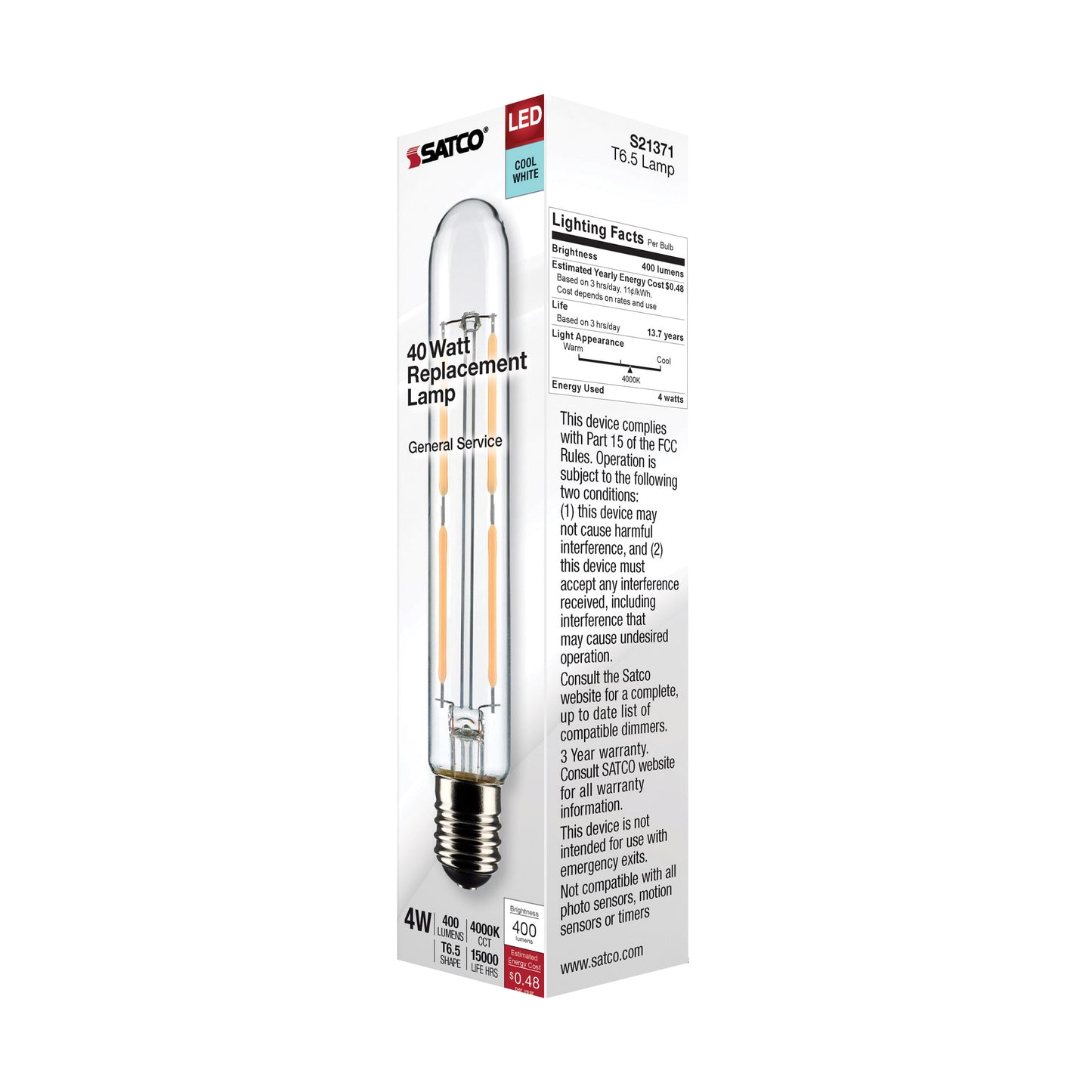 4 Watt T6.5 LED Filament; Clear; Intermediate Base; 4000K; 400 Lumens; 120 Volt