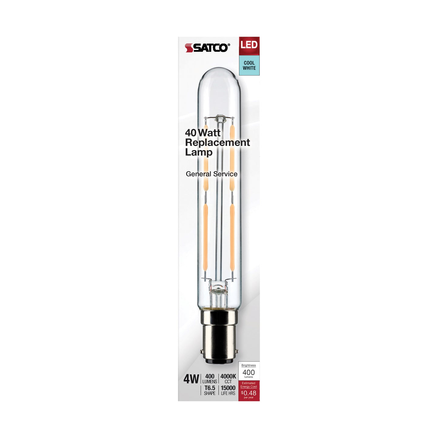 4 Watt T6.5 LED Filament; Clear; Double Contact Bayonet Base; 4000K; 400 Lumens; 120 Volt