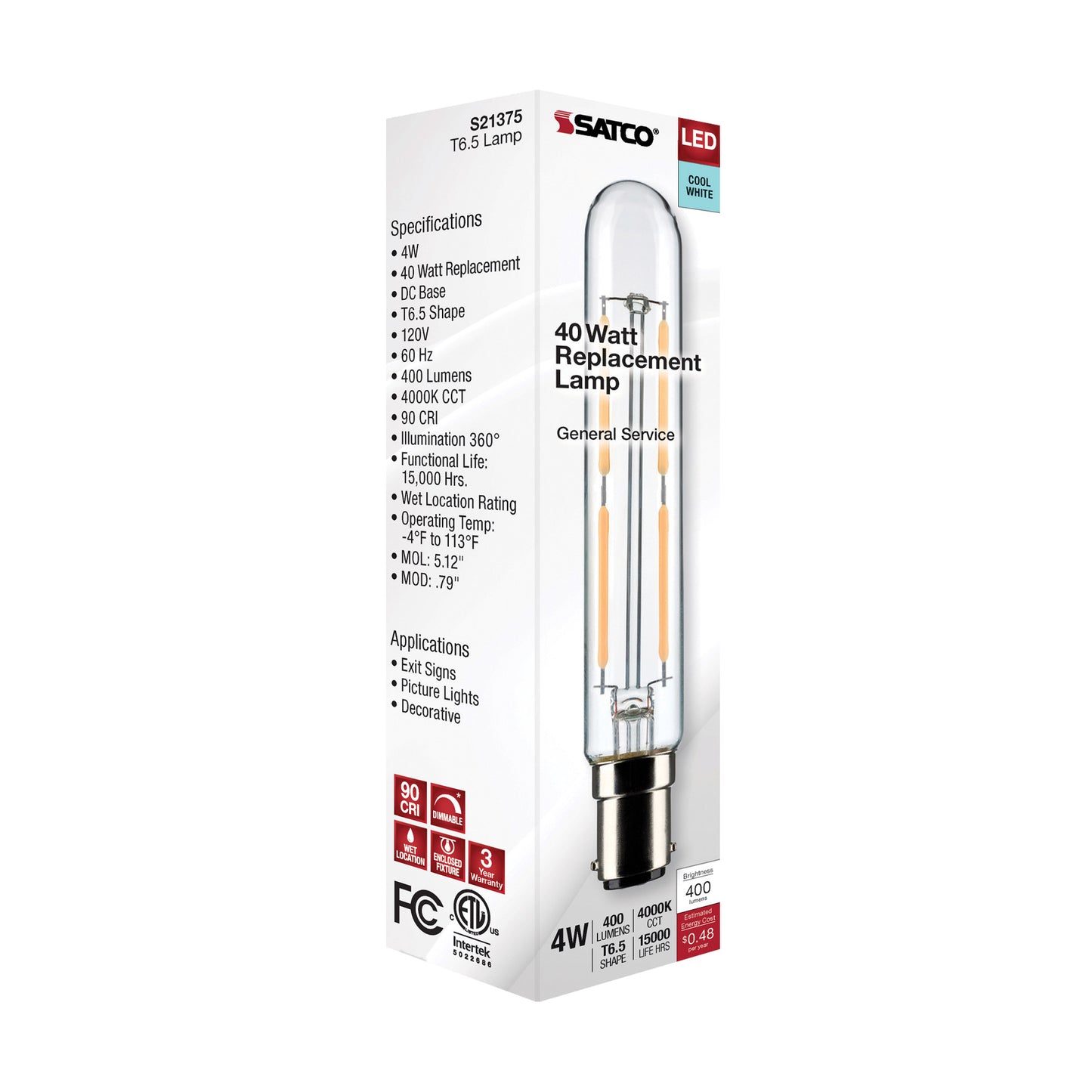 4 Watt T6.5 LED Filament; Clear; Double Contact Bayonet Base; 4000K; 400 Lumens; 120 Volt