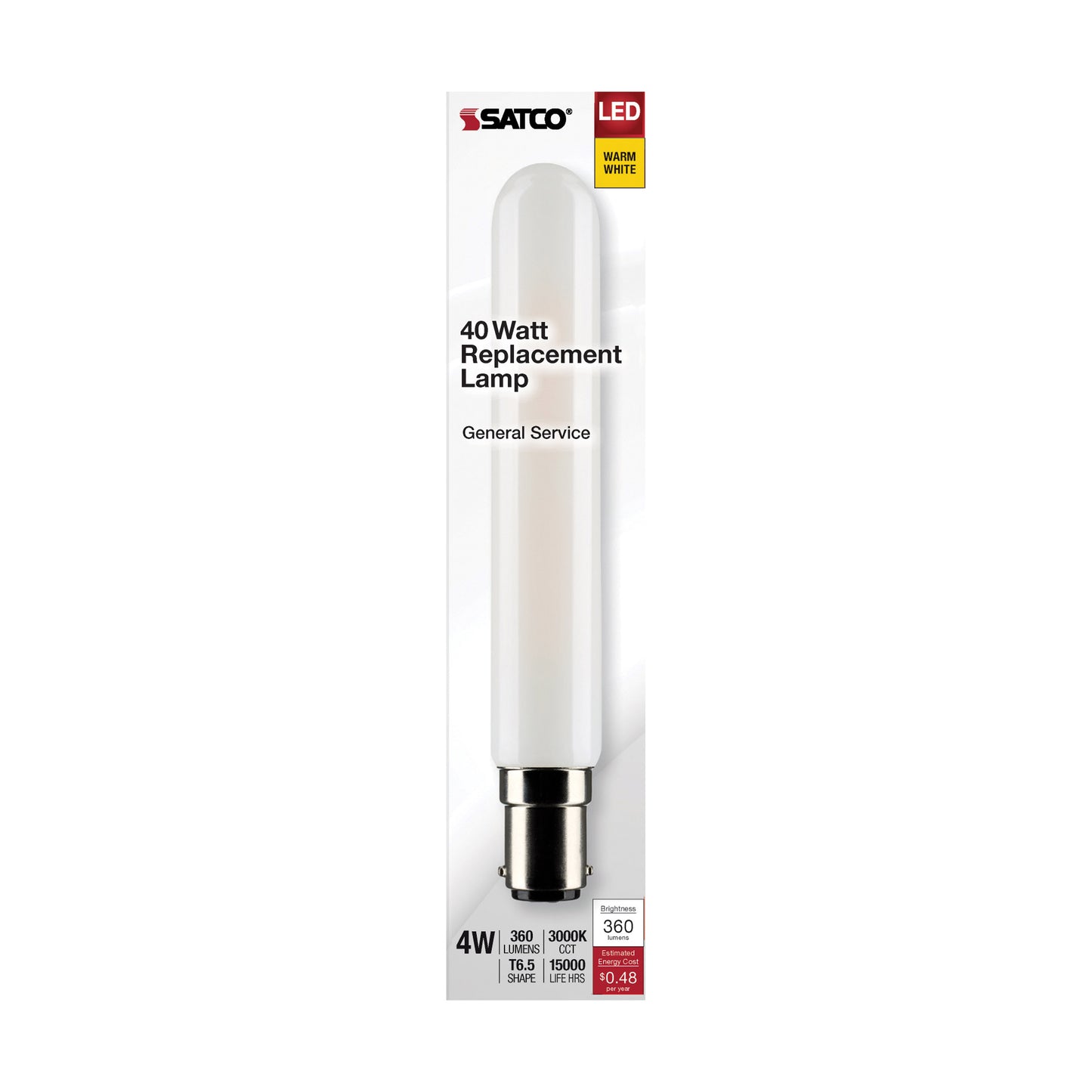 4 Watt T6.5 LED Filament; Frosted; Double Contact Bayonet Base; 3000K; 360 Lumens; 120 Volt