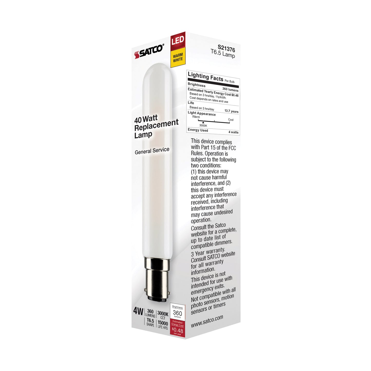 4 Watt T6.5 LED Filament; Frosted; Double Contact Bayonet Base; 3000K; 360 Lumens; 120 Volt