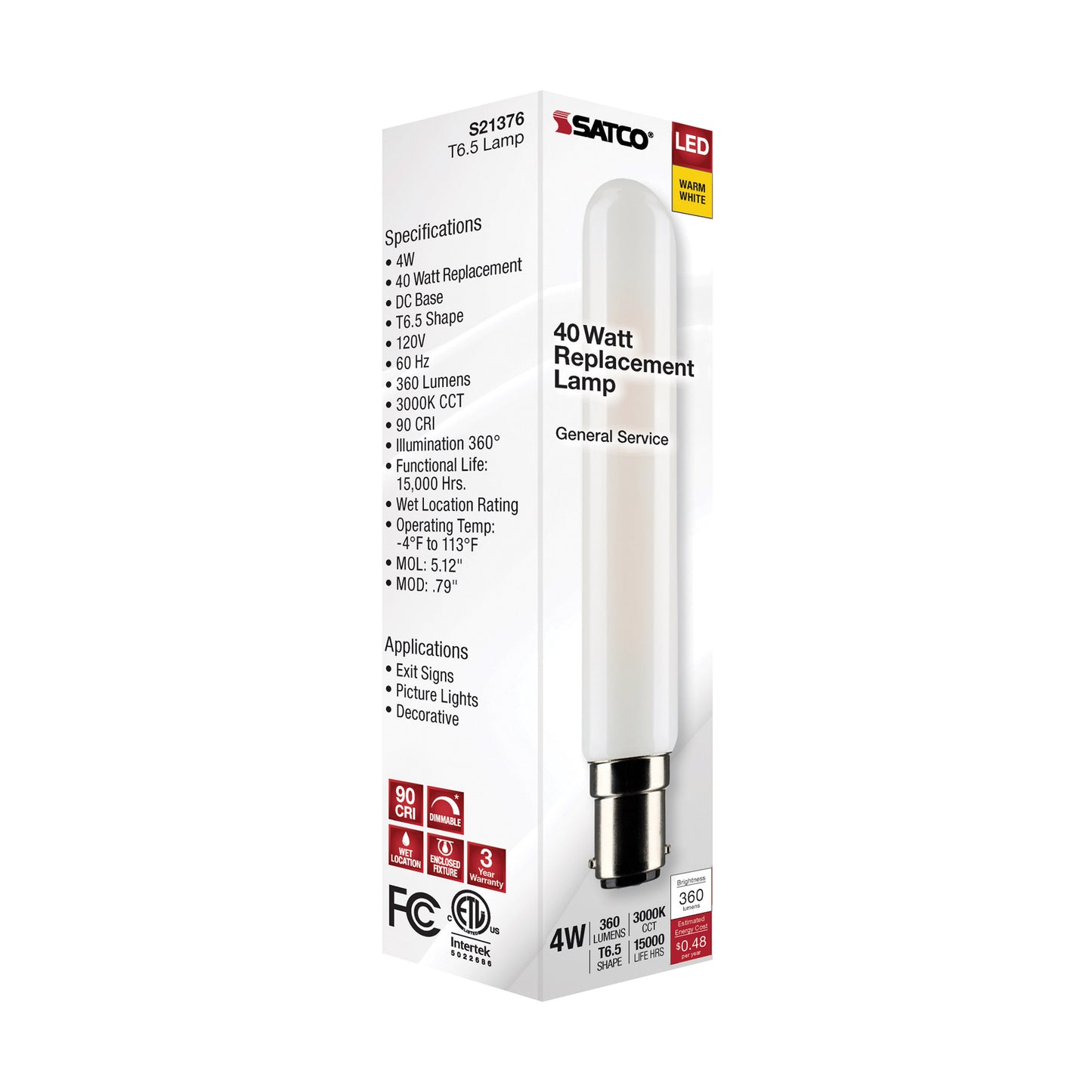 4 Watt T6.5 LED Filament; Frosted; Double Contact Bayonet Base; 3000K; 360 Lumens; 120 Volt