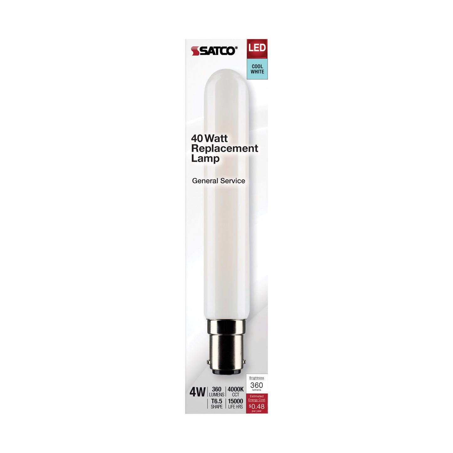 4 Watt T6.5 LED Filament; Frosted; Double Contact Bayonet Base; 4000K; 360 Lumens; 120 Volt