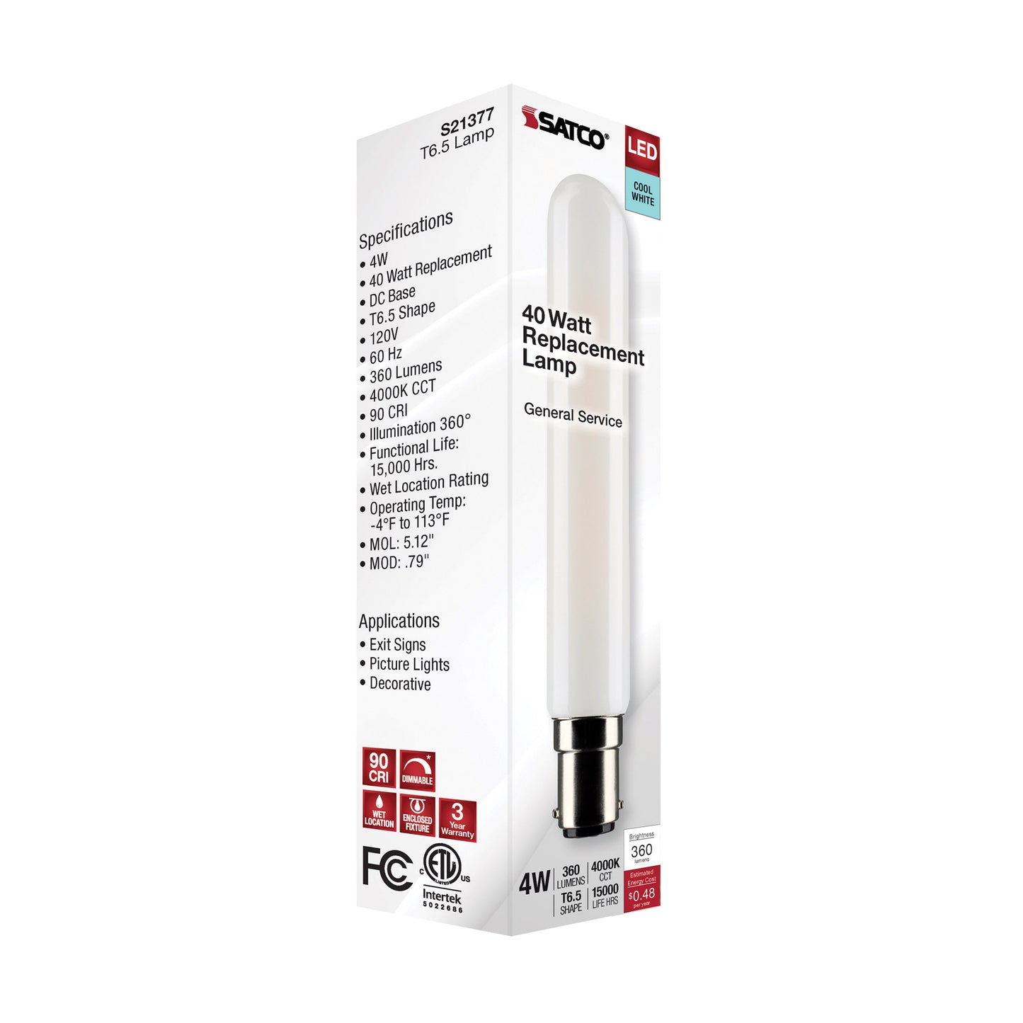4 Watt T6.5 LED Filament; Frosted; Double Contact Bayonet Base; 4000K; 360 Lumens; 120 Volt