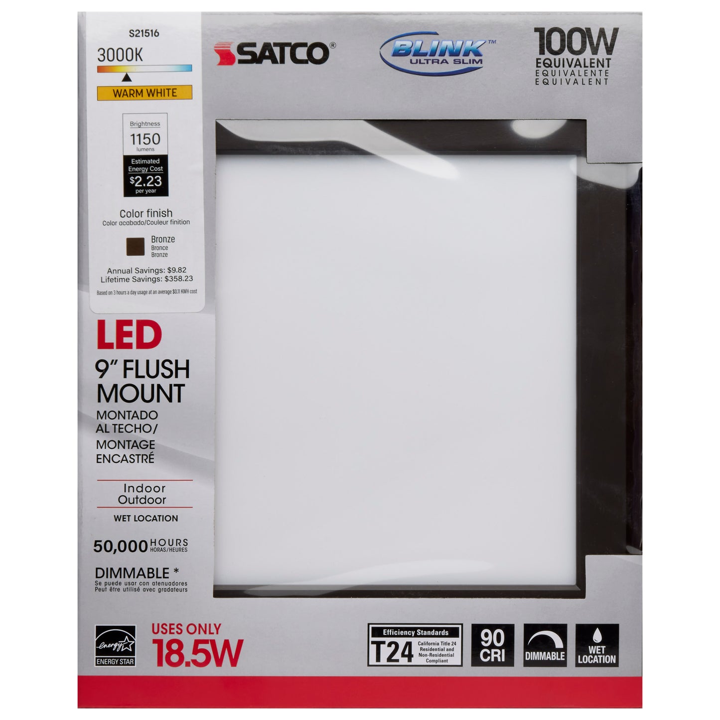 Blink - 18.5W- 9" Surface Mount LED - 3000K- Square Shape - Bronze Finish - 120V