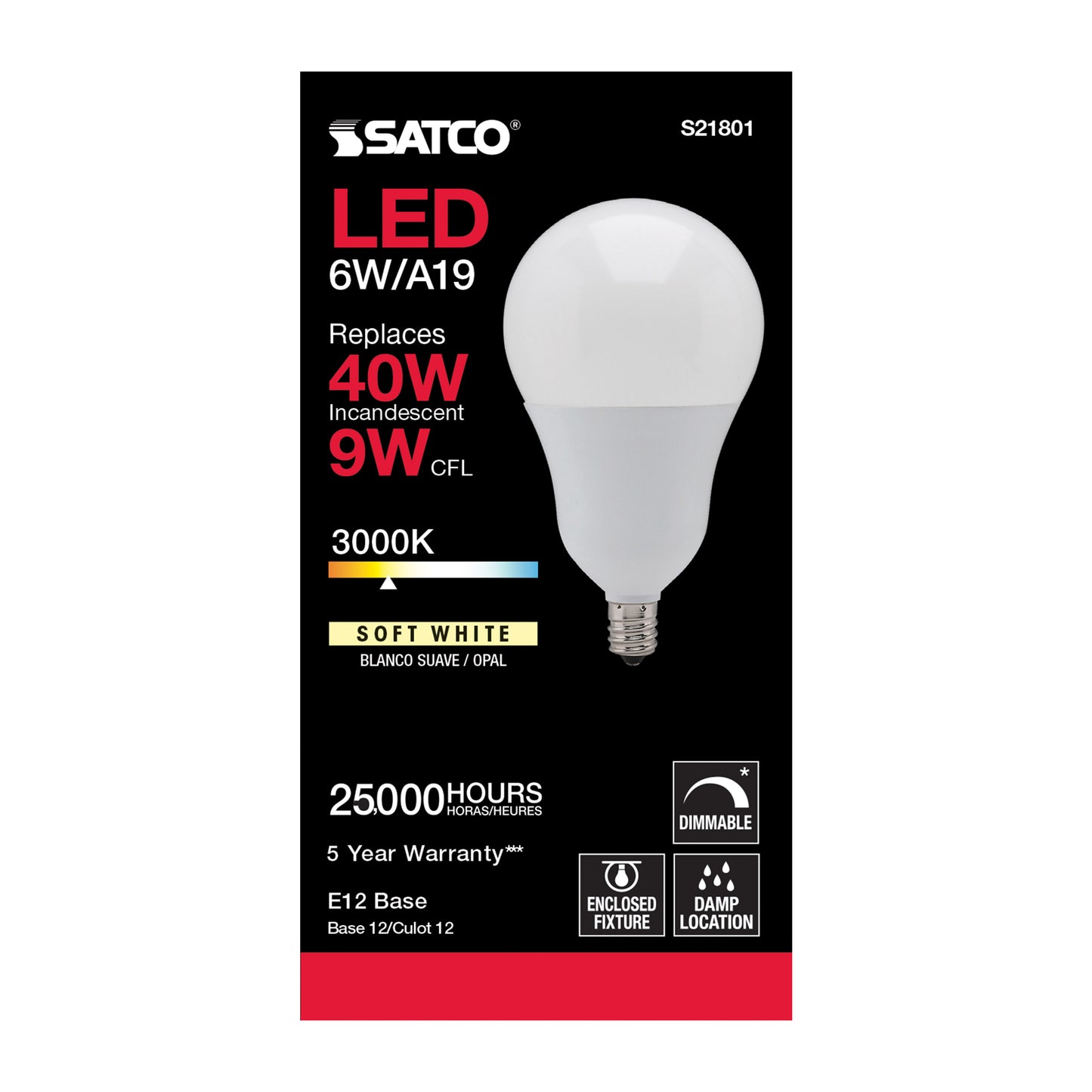 6 Watt; A19 LED; 3000K; Candelabra base; 220 deg. Beam Angle; 120 Volt