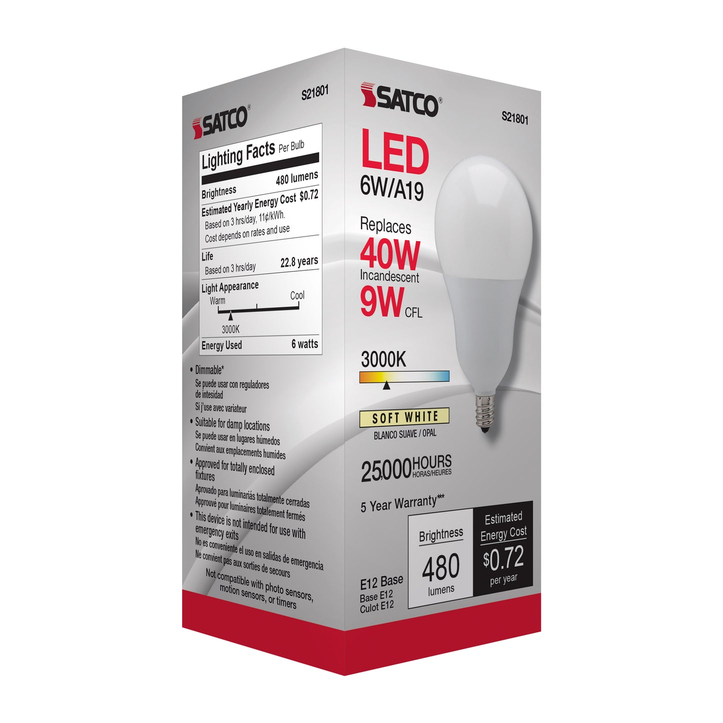 6 Watt; A19 LED; 3000K; Candelabra base; 220 deg. Beam Angle; 120 Volt