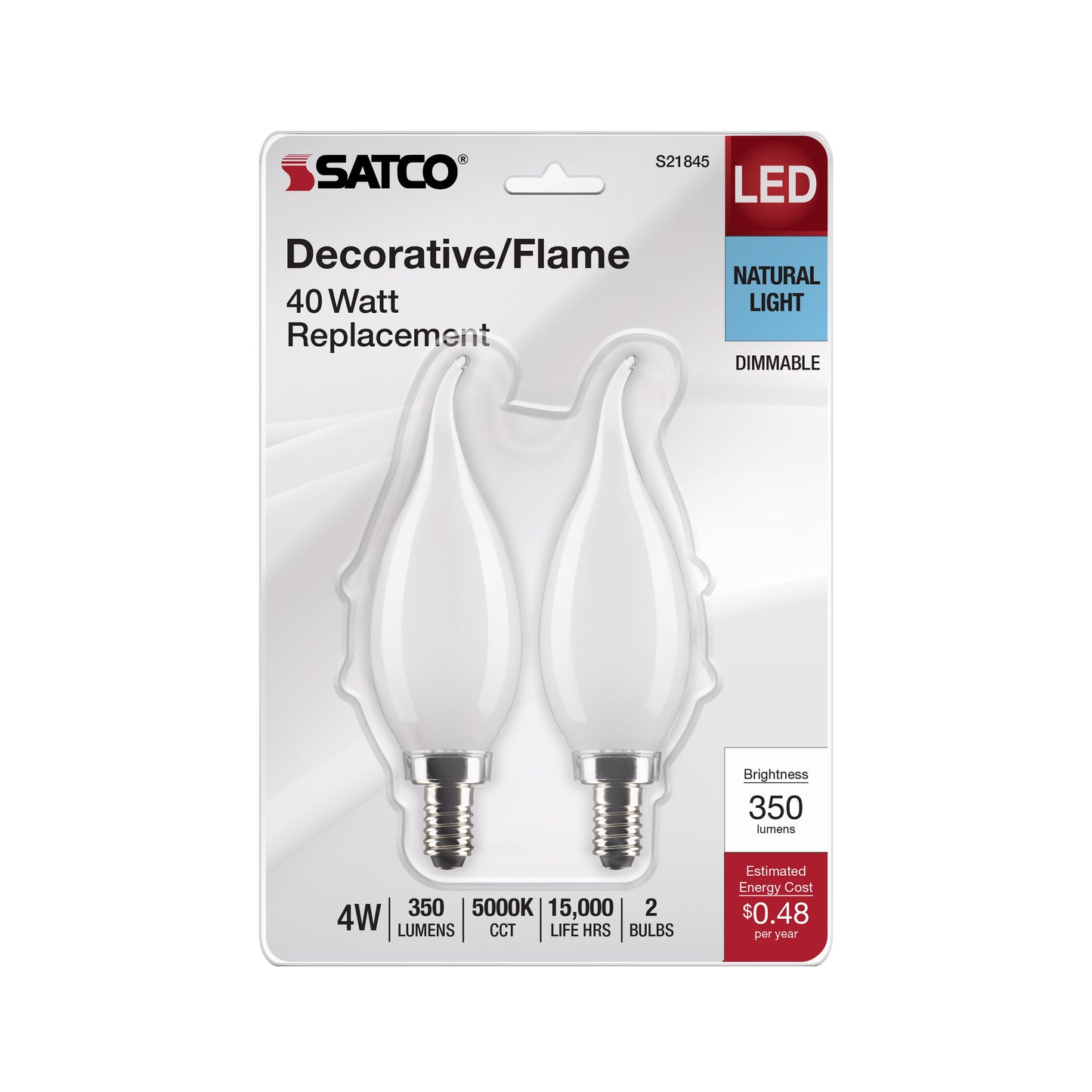 4 Watt CA10 LED Filament; Frosted; Candelabra Base; 5000K; 350 Lumens; 120 Volt; 2-Pack