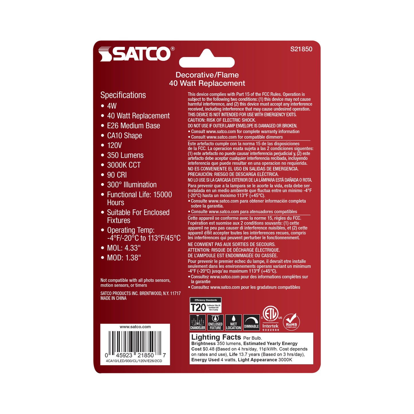 4 Watt CA10 LED Filament; Clear; Medium Base; 3000K; 350 Lumens; 120 Volt; 2-Pack