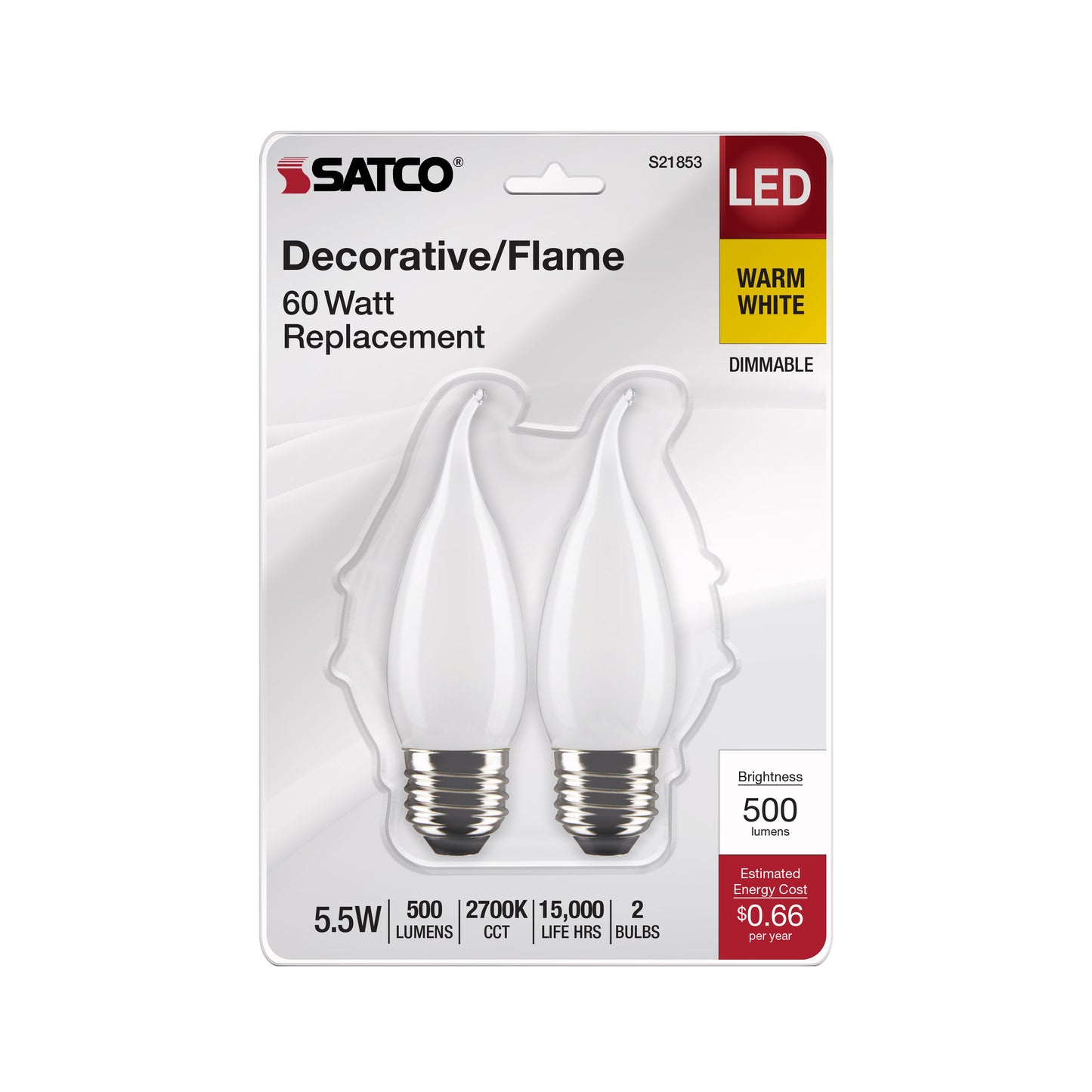 5.5 Watt CA10 LED Filament; Frosted; Medium Base; 2700K; 500 Lumens; 120 Volt; 2-Card