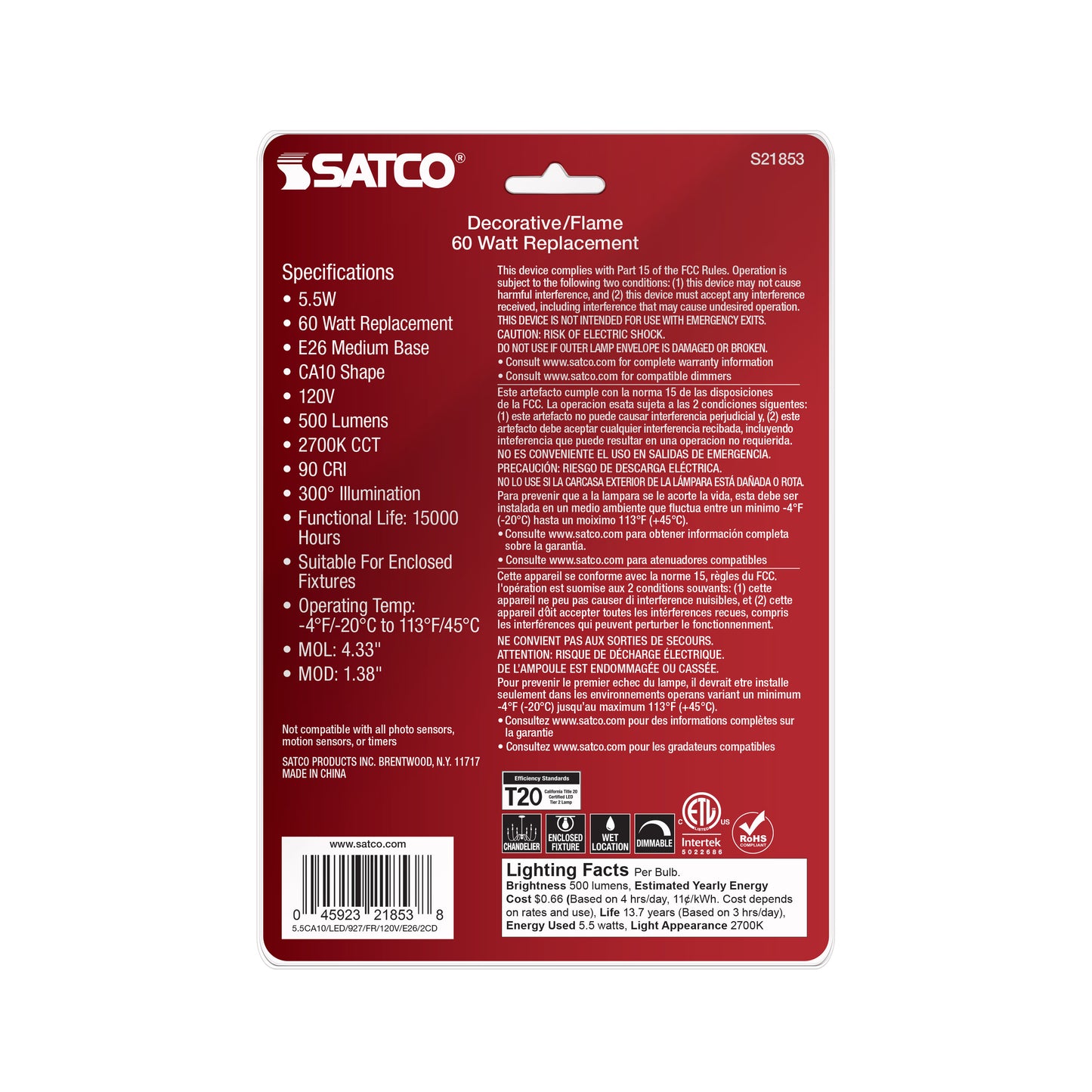 5.5 Watt CA10 LED Filament; Frosted; Medium Base; 2700K; 500 Lumens; 120 Volt; 2-Card