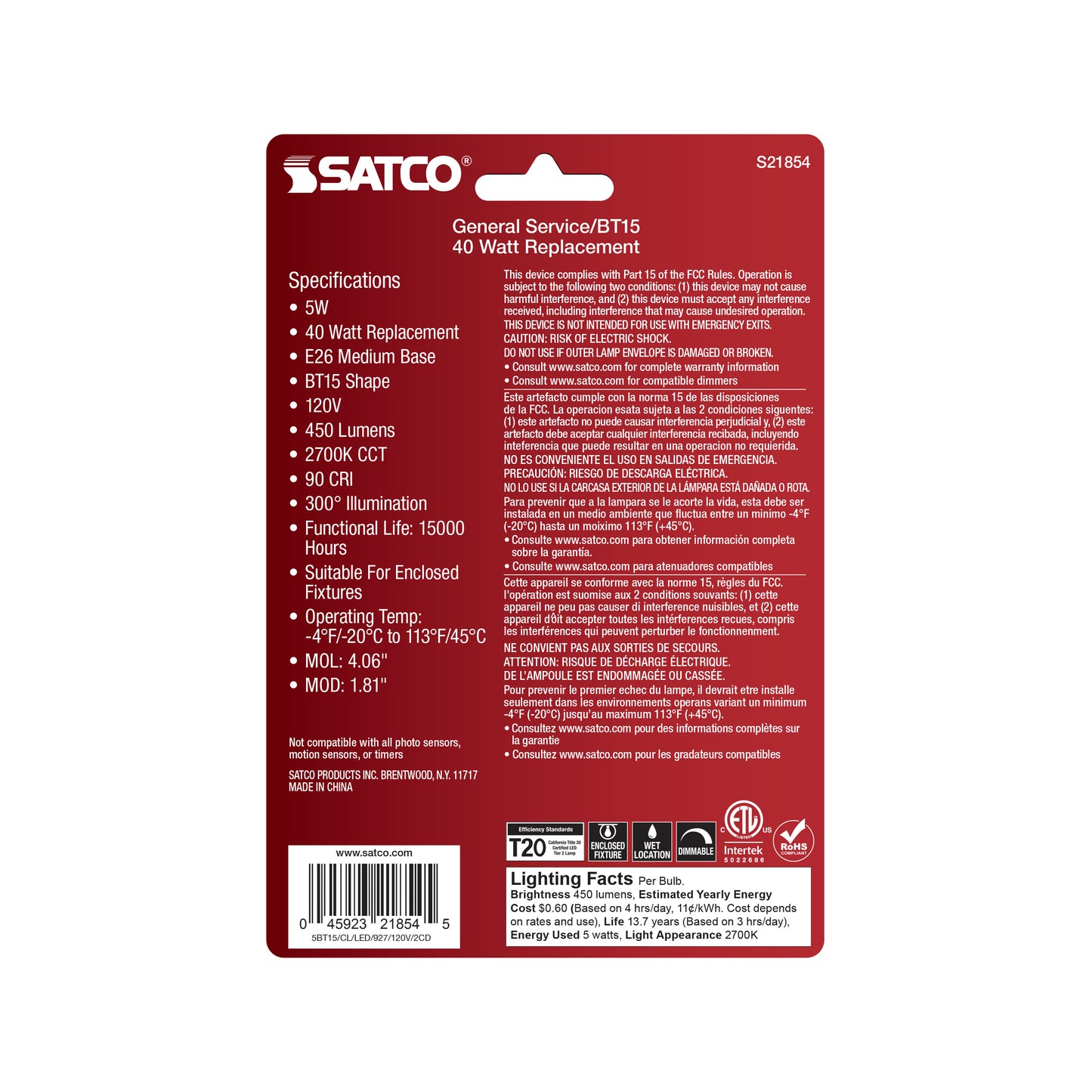 5 Watt BT15 LED Filament; Clear; Medium Base; 2700K; 450 Lumens; 120 Volt; 2-Pack