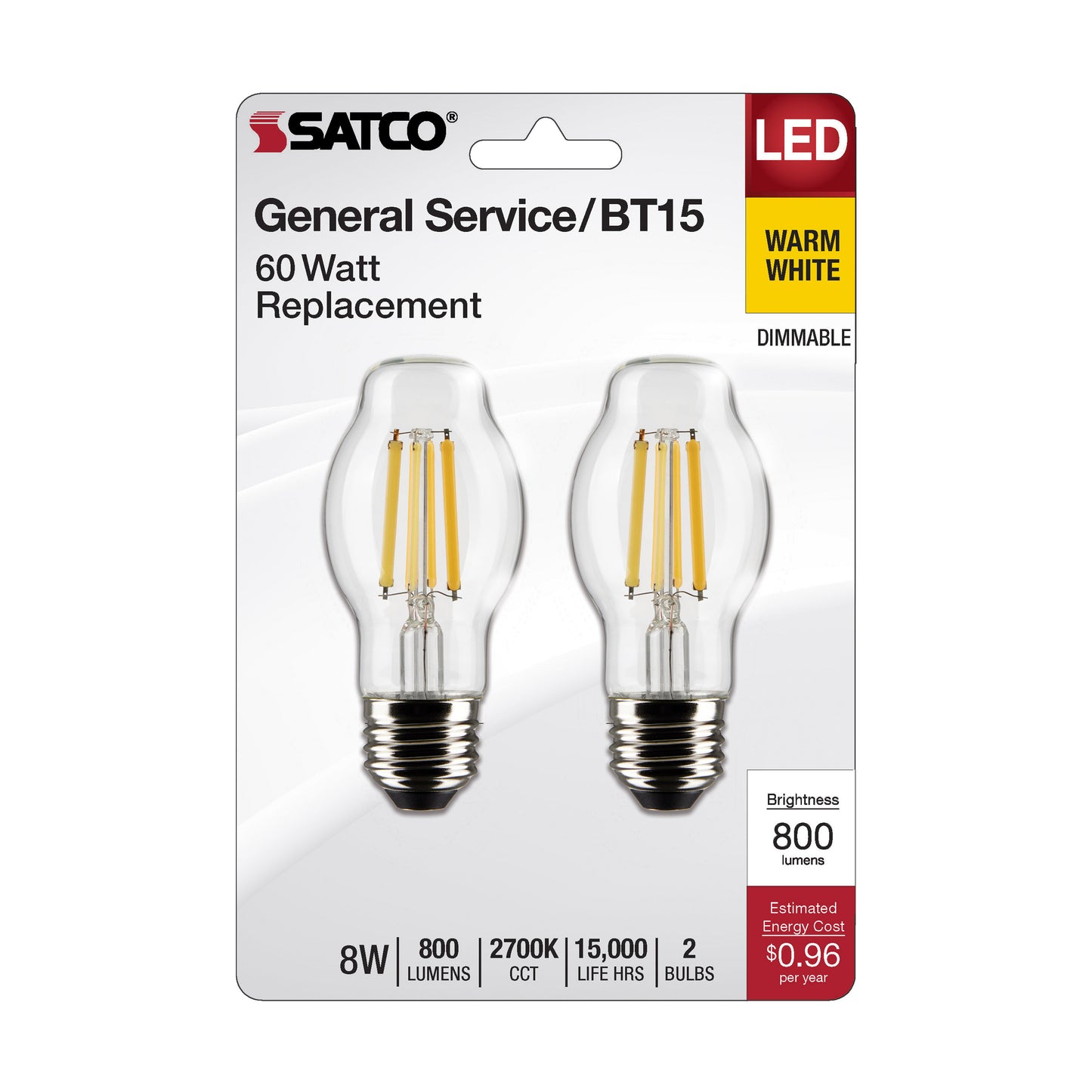 8 Watt BT15 LED Filament; Clear; Medium Base; 2700K; 800 Lumens; 120 Volt