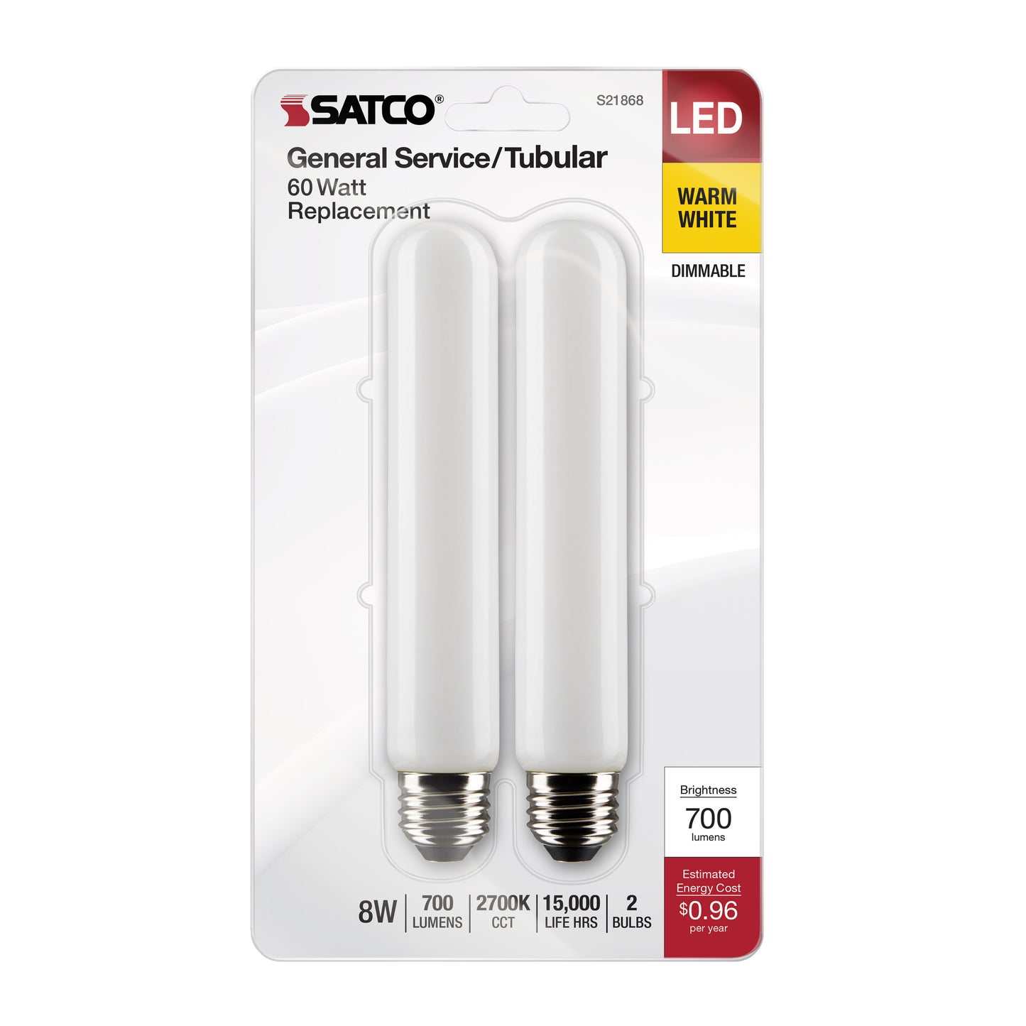 8 Watt T9 LED Filament; Frosted; Medium Base; 2700K; 700 Lumens; 120 Volt; 2-Pack