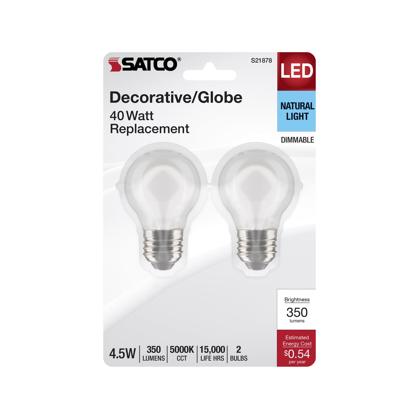 4.5 Watt G16.5 LED Filament; White; Medium Base; 5000K; 120 Volt; 2-Card