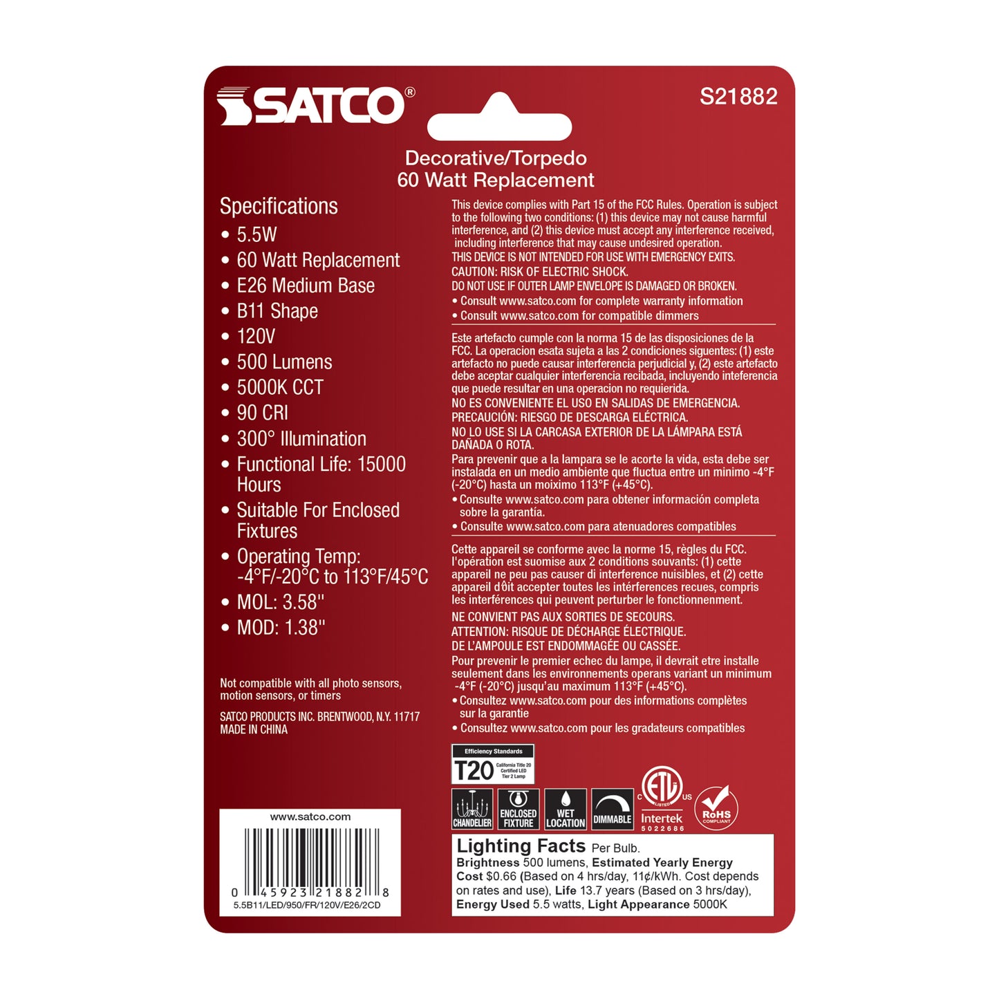 5.5 Watt B11 LED Filament; Frost Finish; Medium Base; 5000K; 120 Volt; 2-Pack