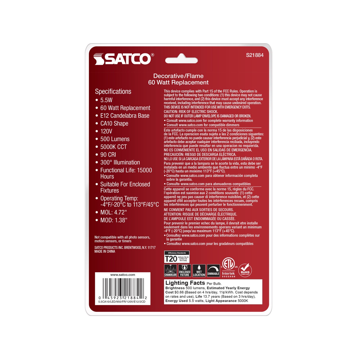 5.5 Watt CA10 LED Filament; Frost Finish; Candelabra Base; 5000K; 120 Volt; 2-Card