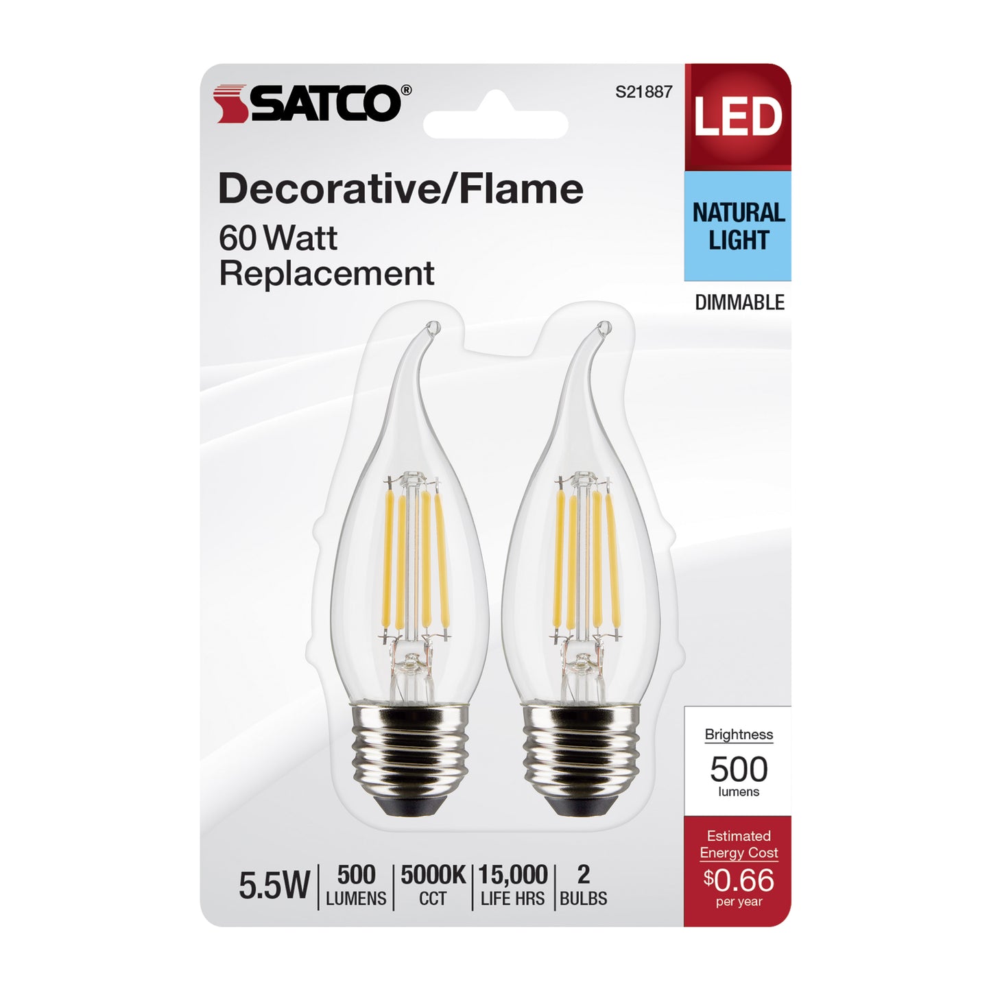 5.5 Watt CA10 LED Filament; Clear; Medium Base; 5000K; 120 Volt; 2-Card